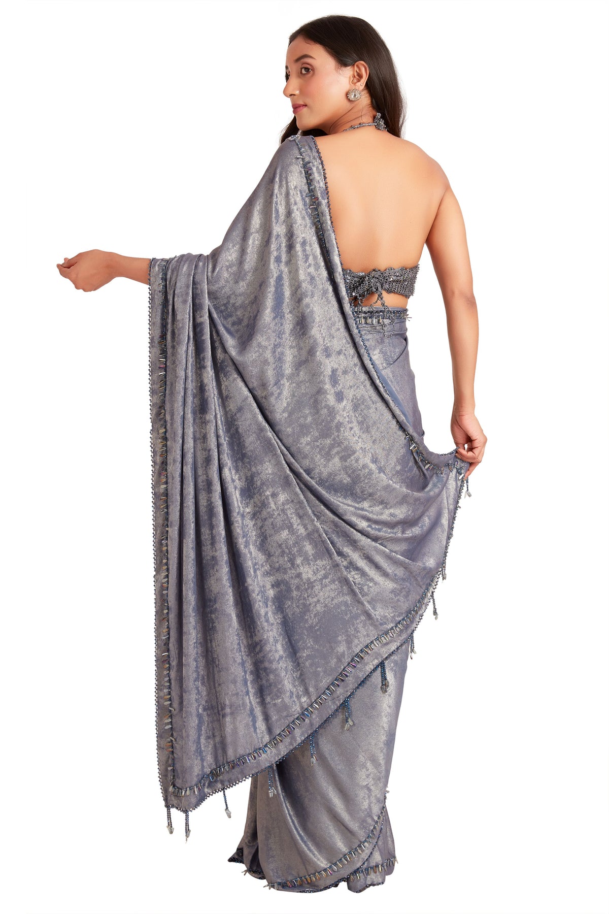 Grey Foiled Crystal Saree Set