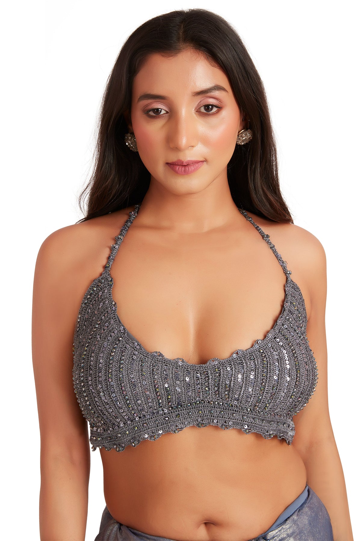 Grey Foiled Crystal Saree Set