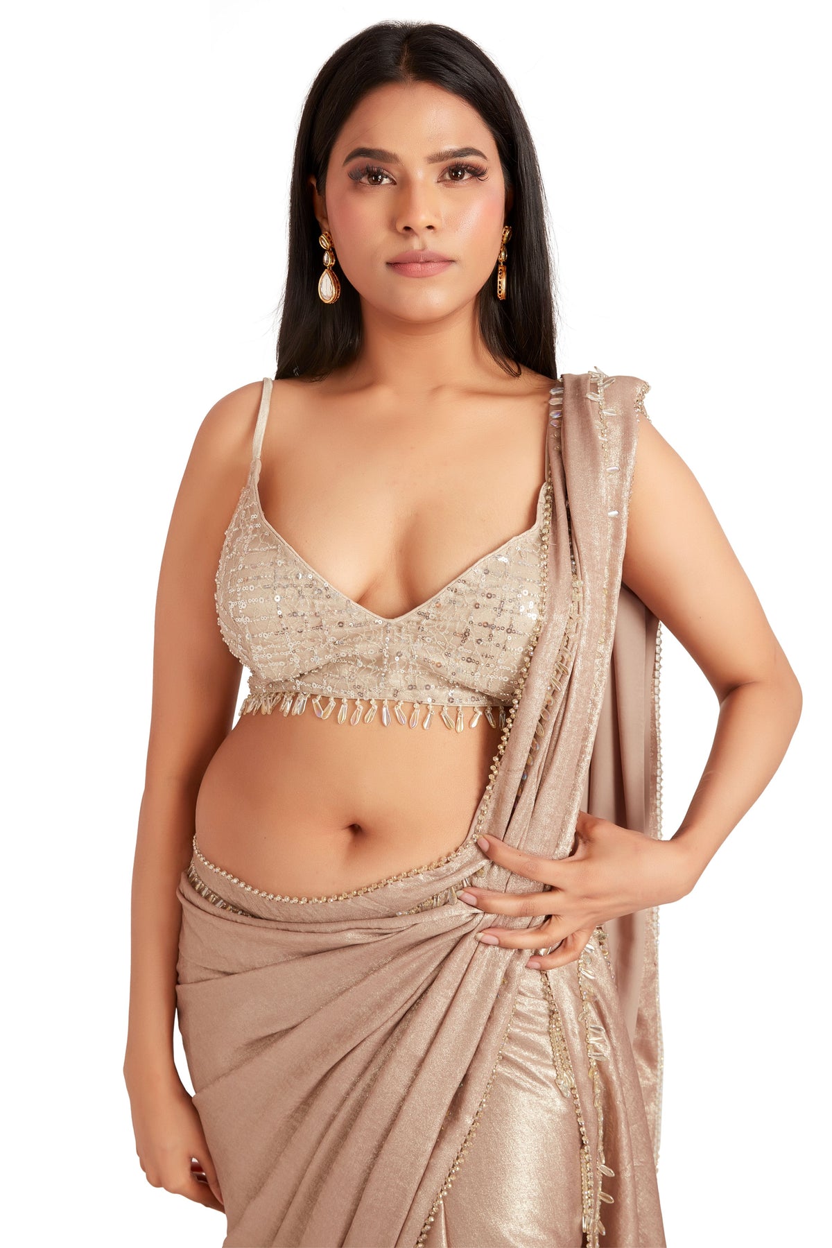 Tan Shine Crystal Saree Set