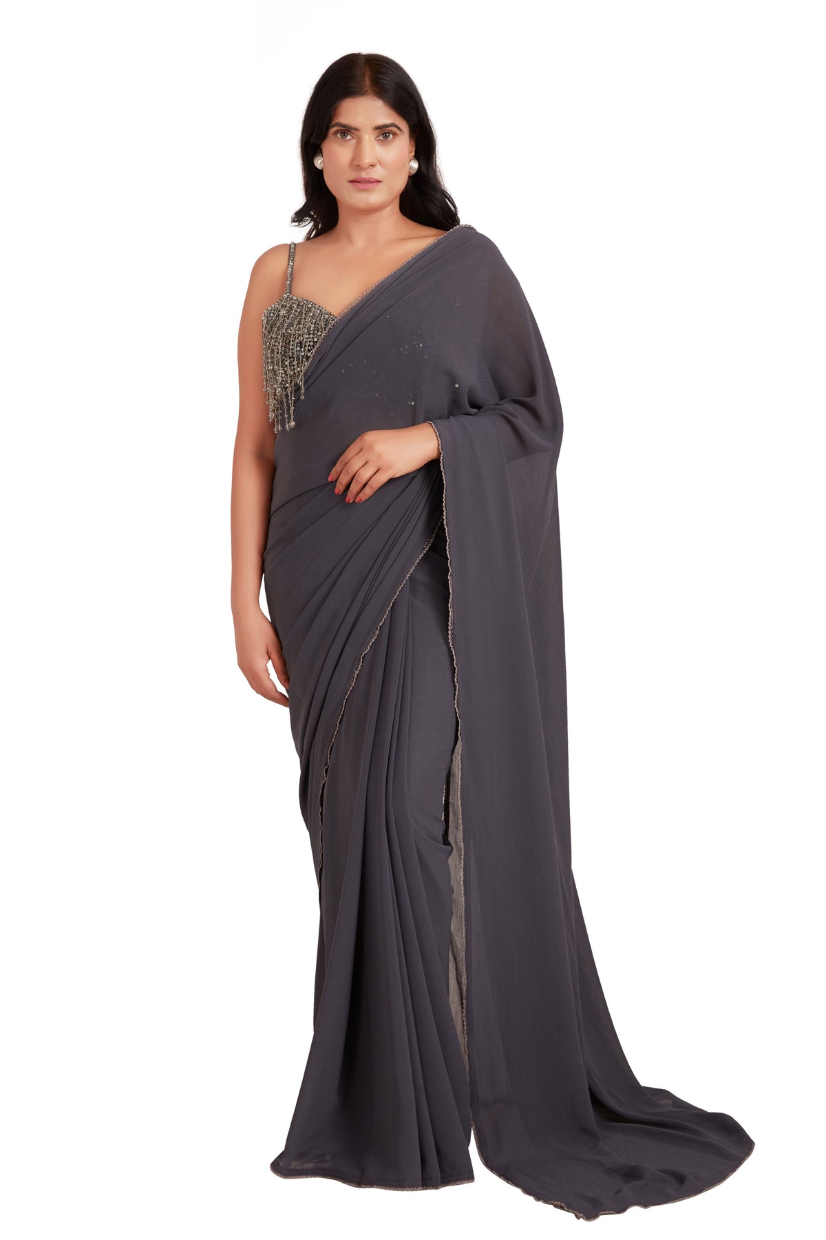 Grey Drop Pearl Saree Set