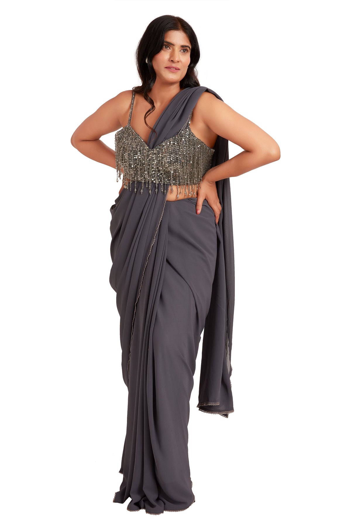 Grey Drop Pearl Saree Set