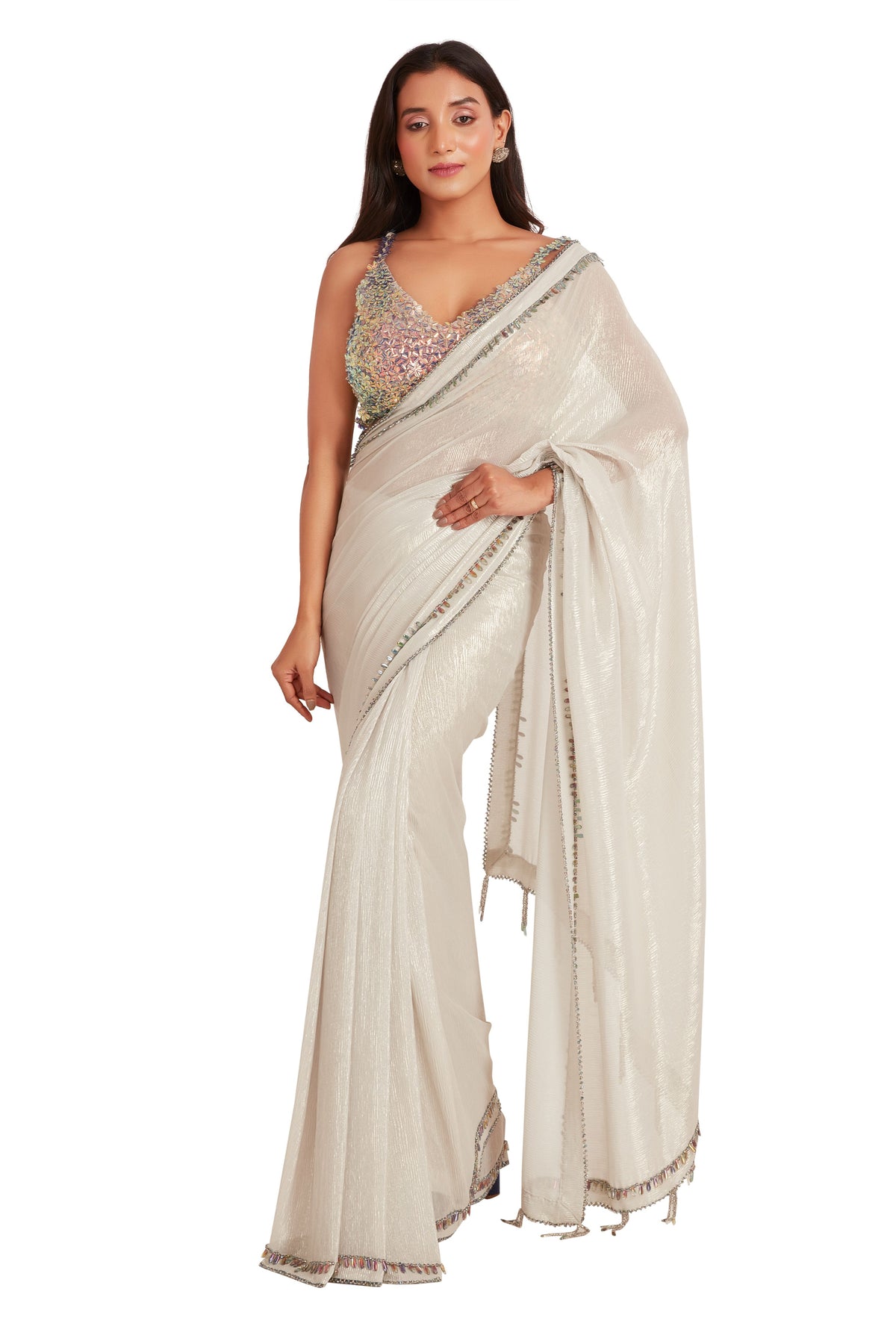 White 3d Flower Saree Set