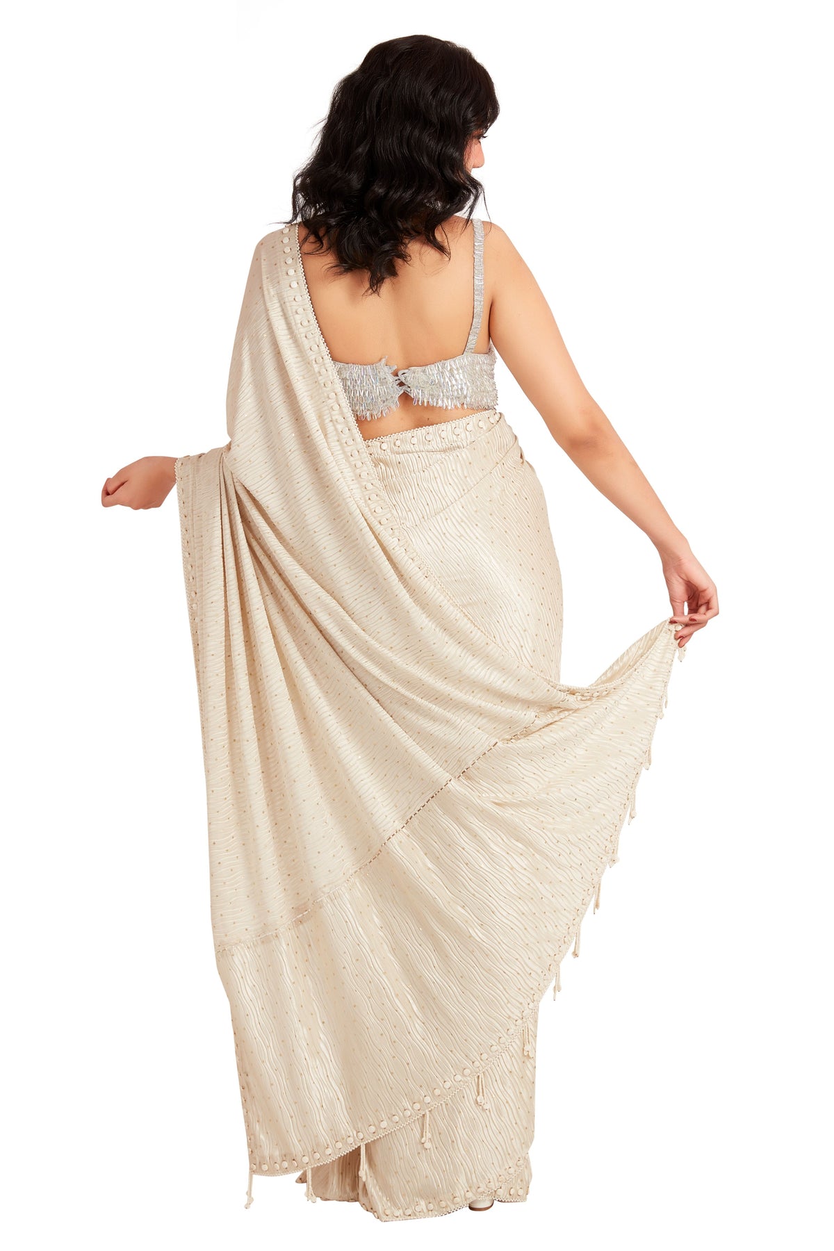 White Mother Pearl Saree Set