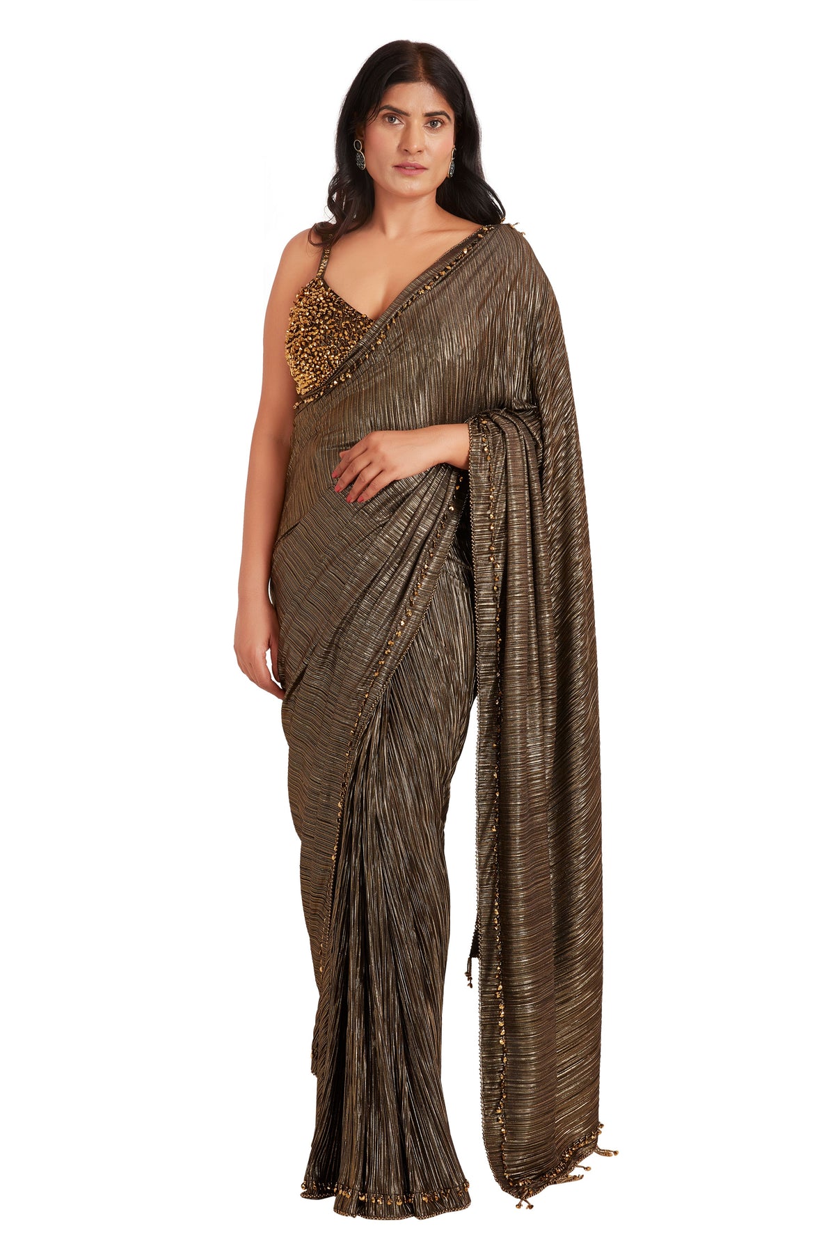 Brown Shine Crystal Saree Set