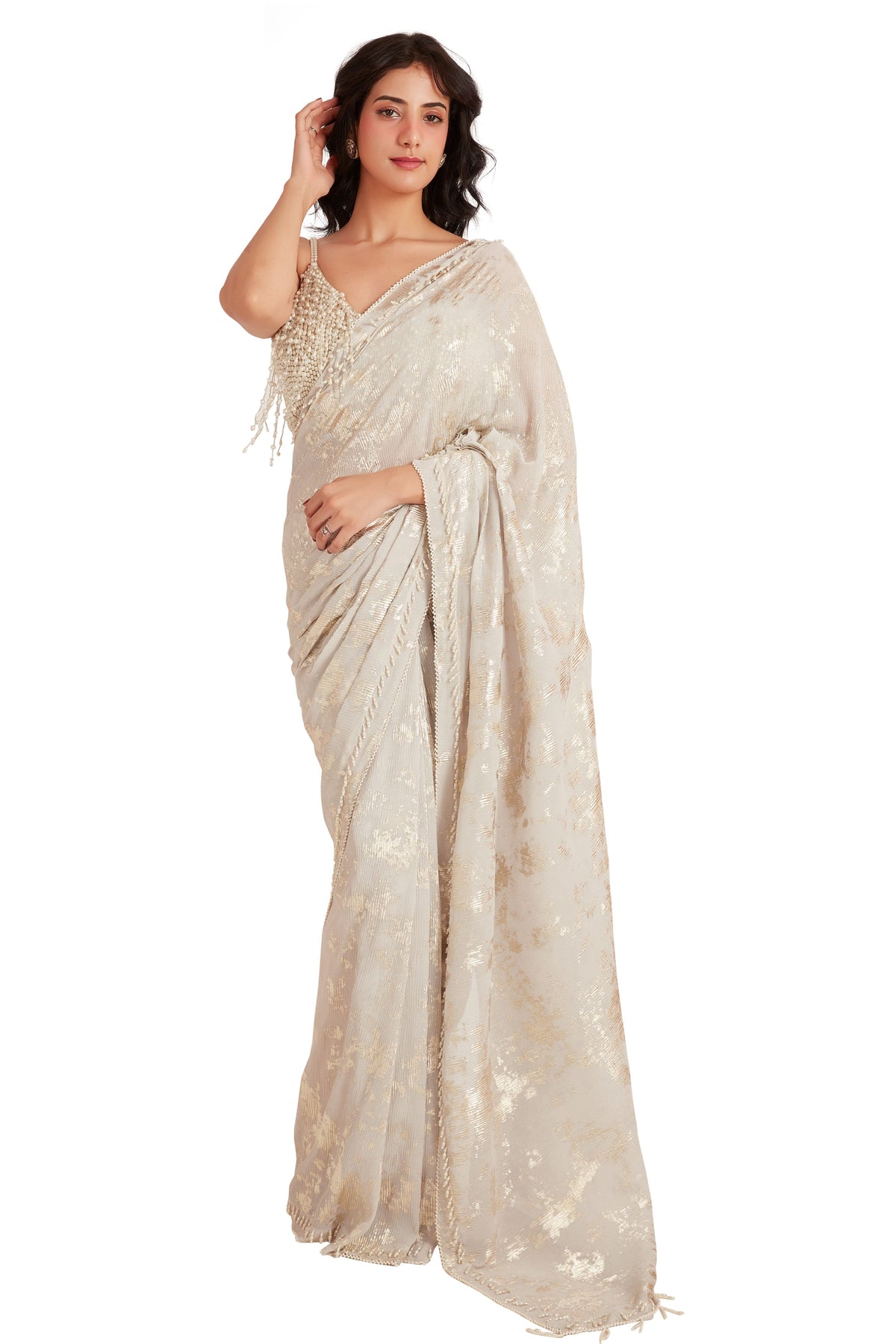 White Foil Crystal Saree Set