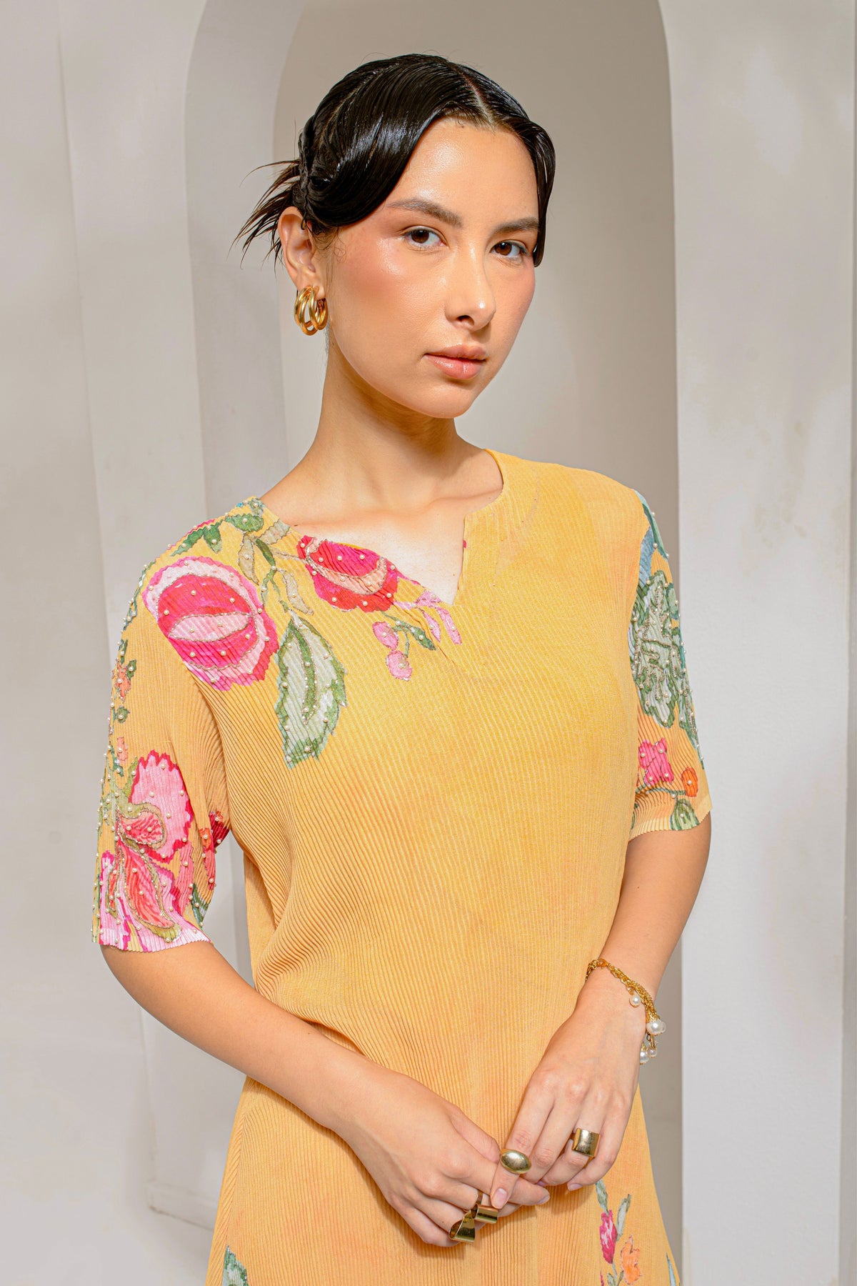 Yellow Hp V Neck Tunic Set