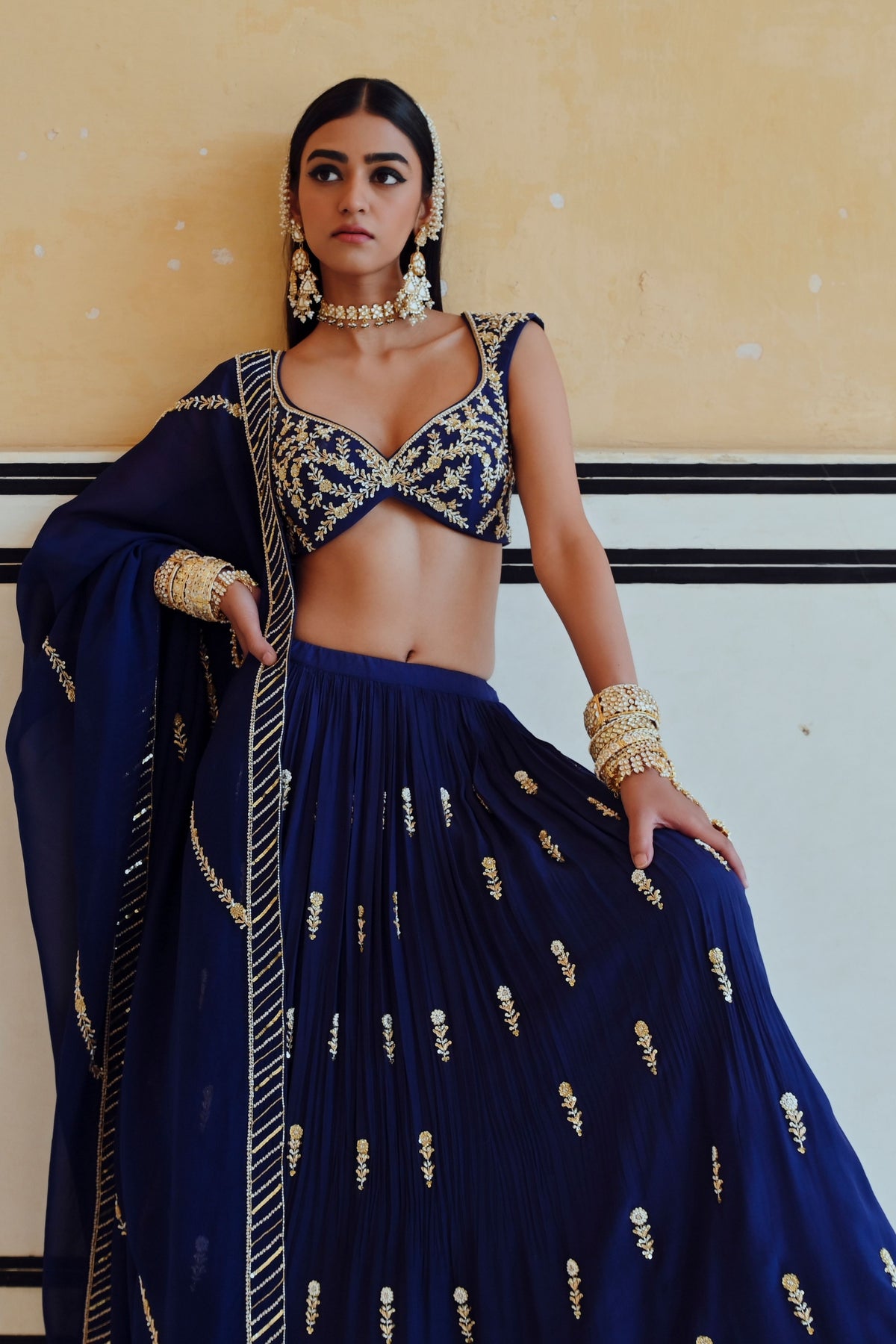 Royal Blue Floral Lehenga Set