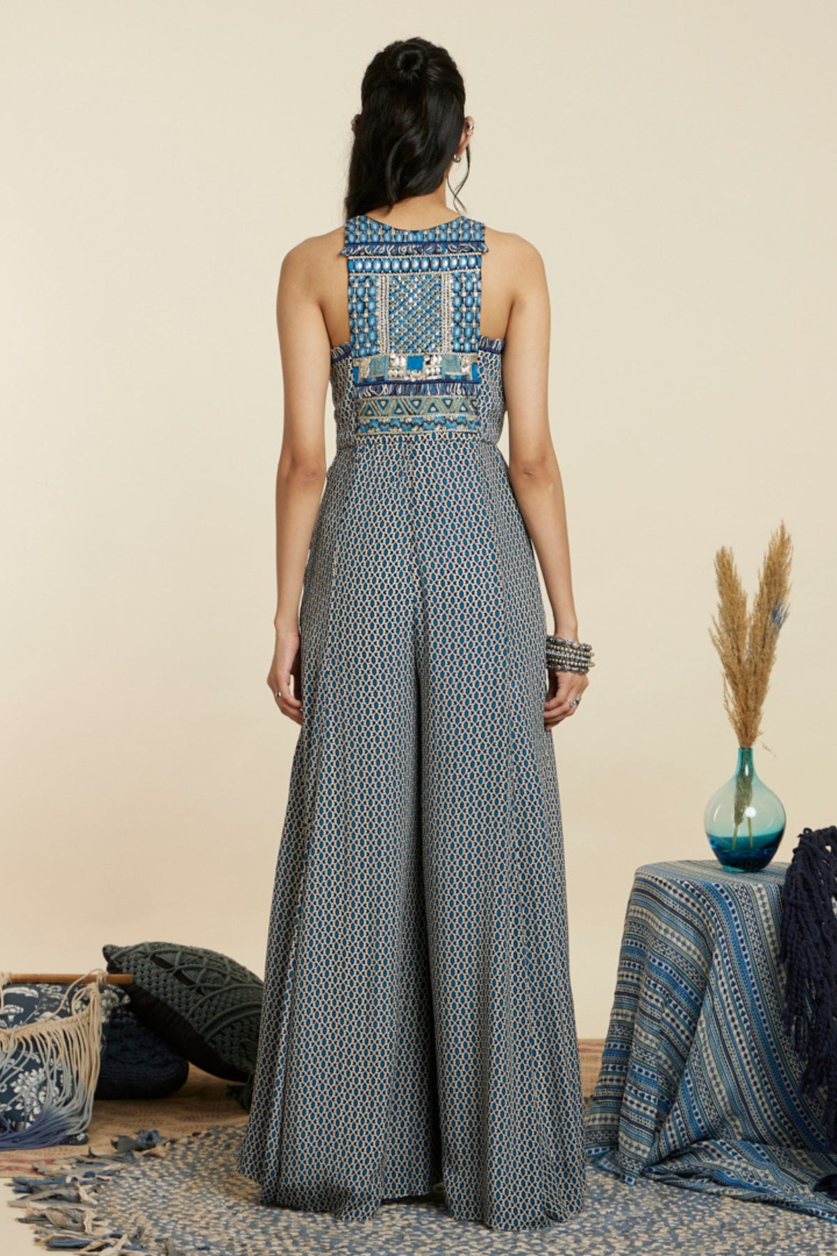 Blue Geometric Yoke Style Jumpsuit