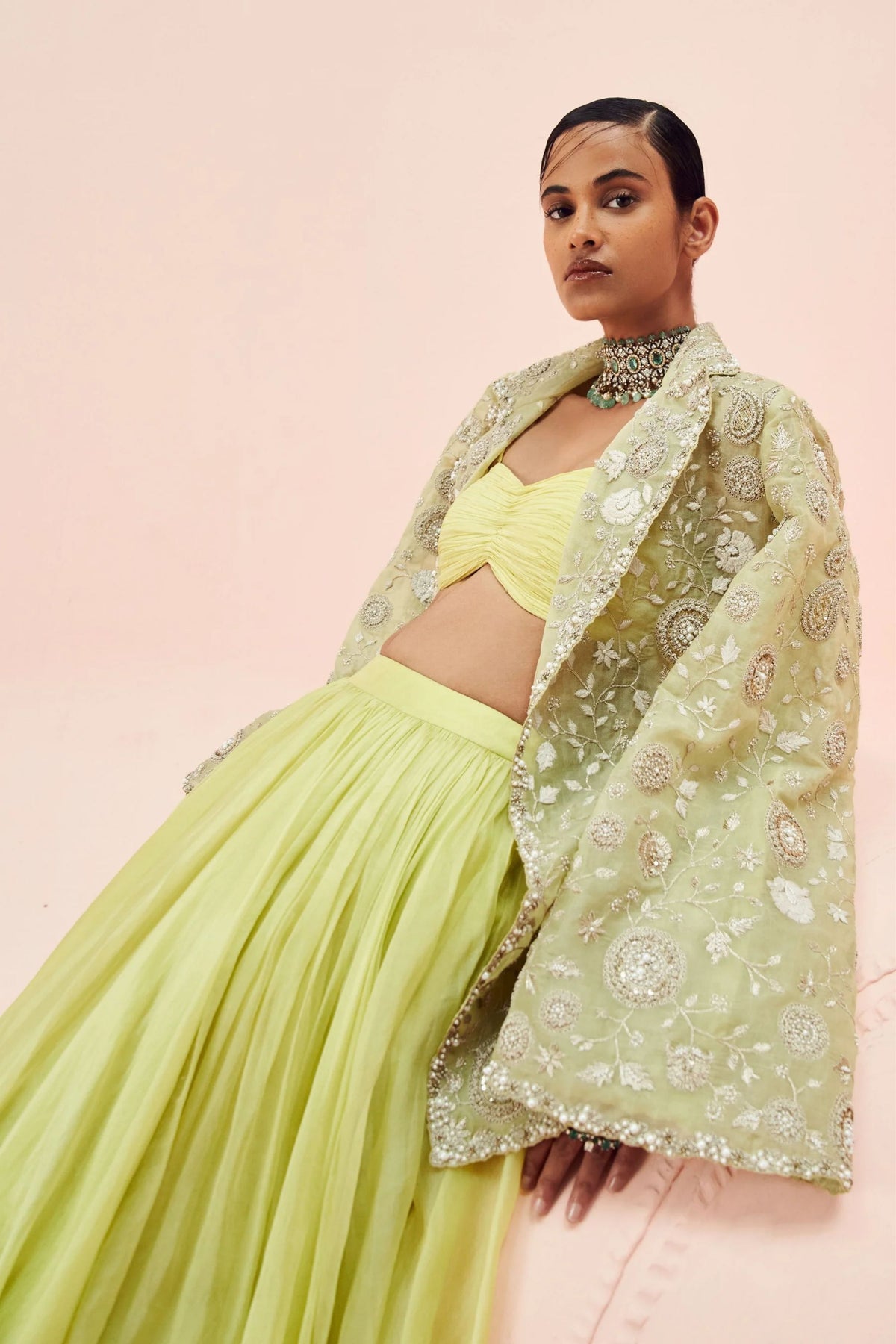 Lime Green Lehenga With Embroidered Jacket Set