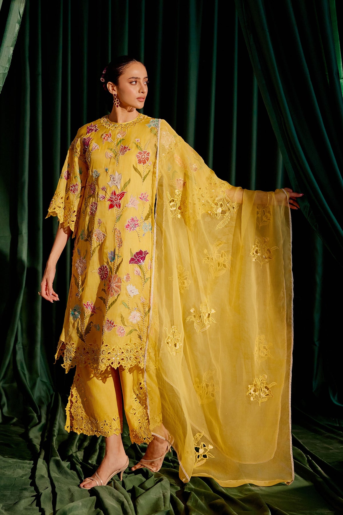 Yellow Floral Applique Kurta Set