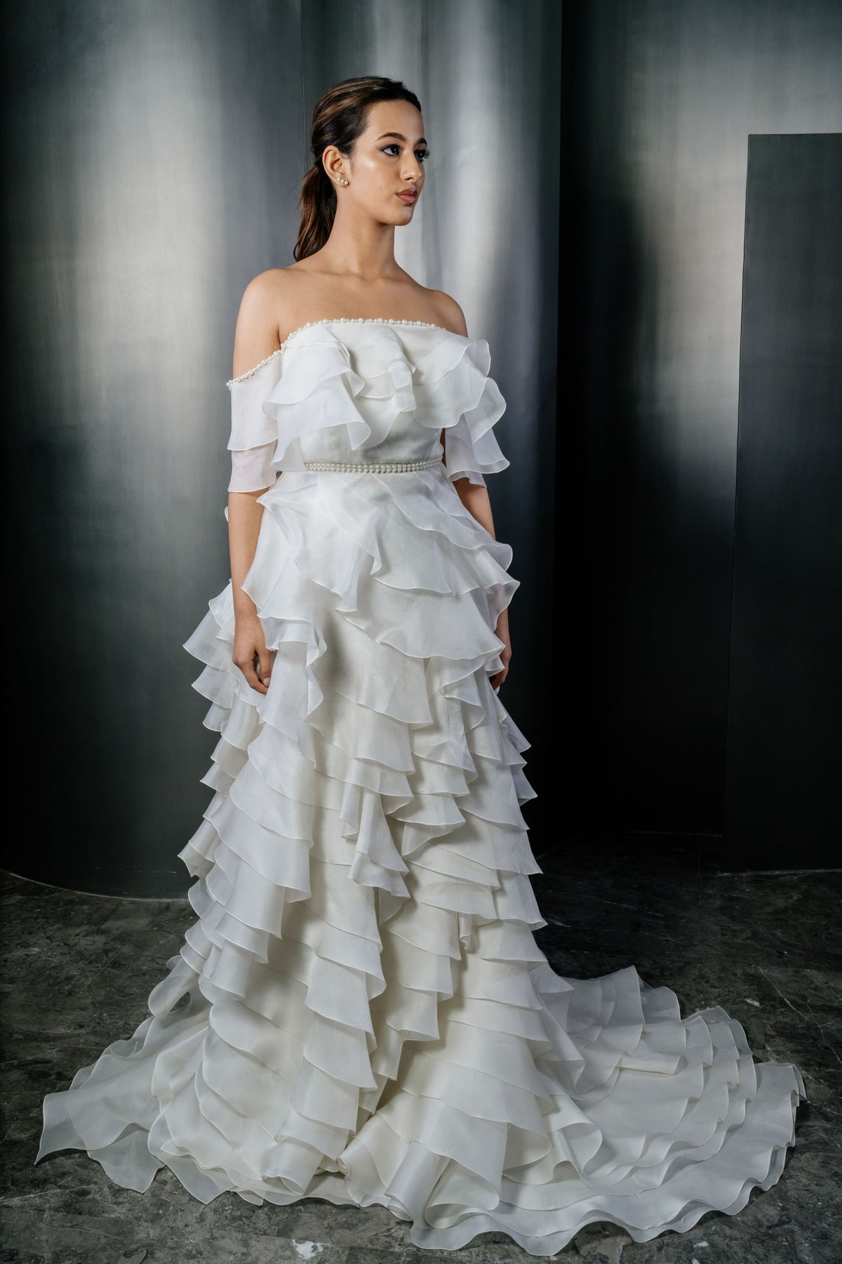 Organza Ruffle Gown With Belt