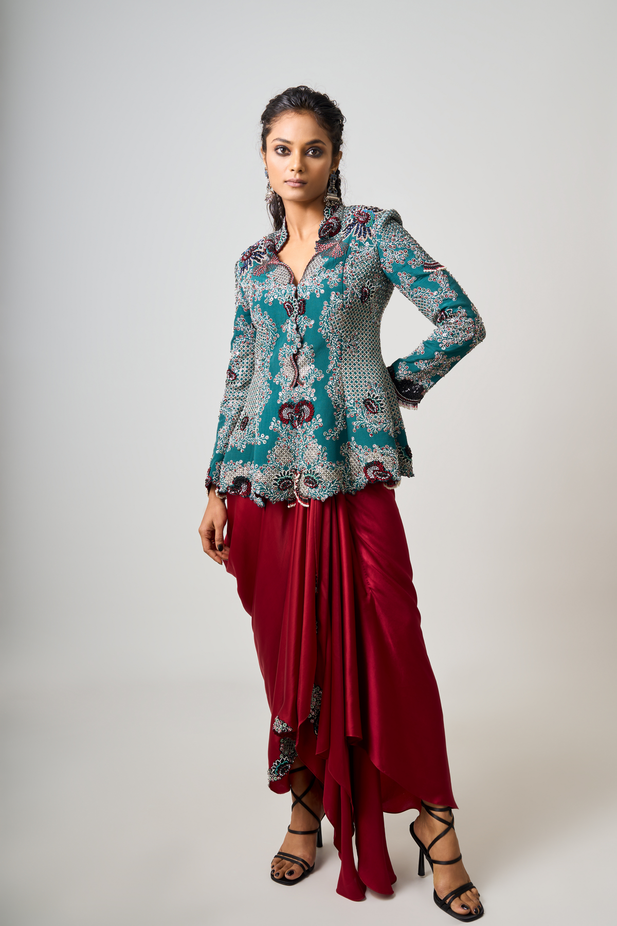 Embroidered Jacket With Cowl Skirt