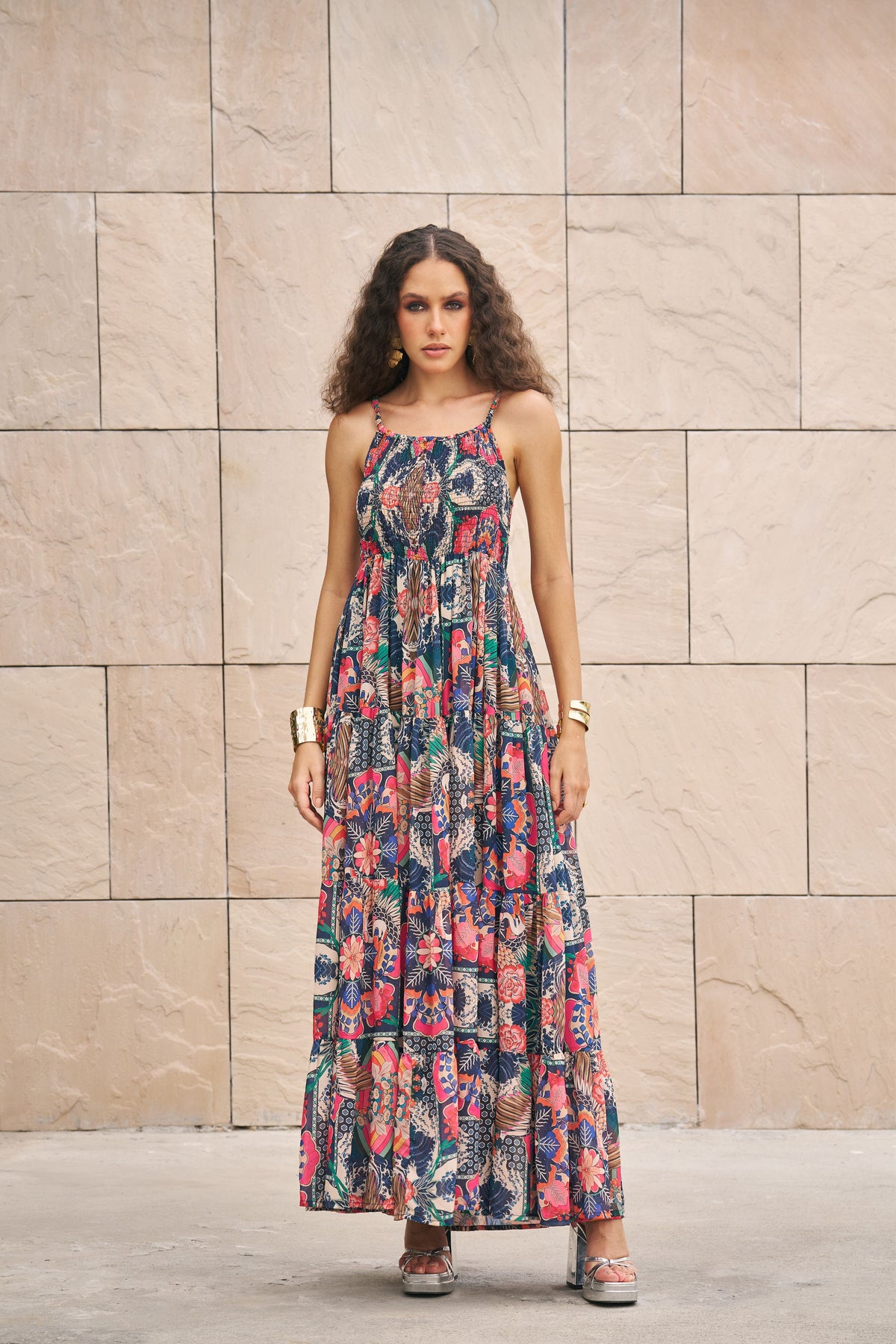 Multicolor Printed Smocking Maxi Dress