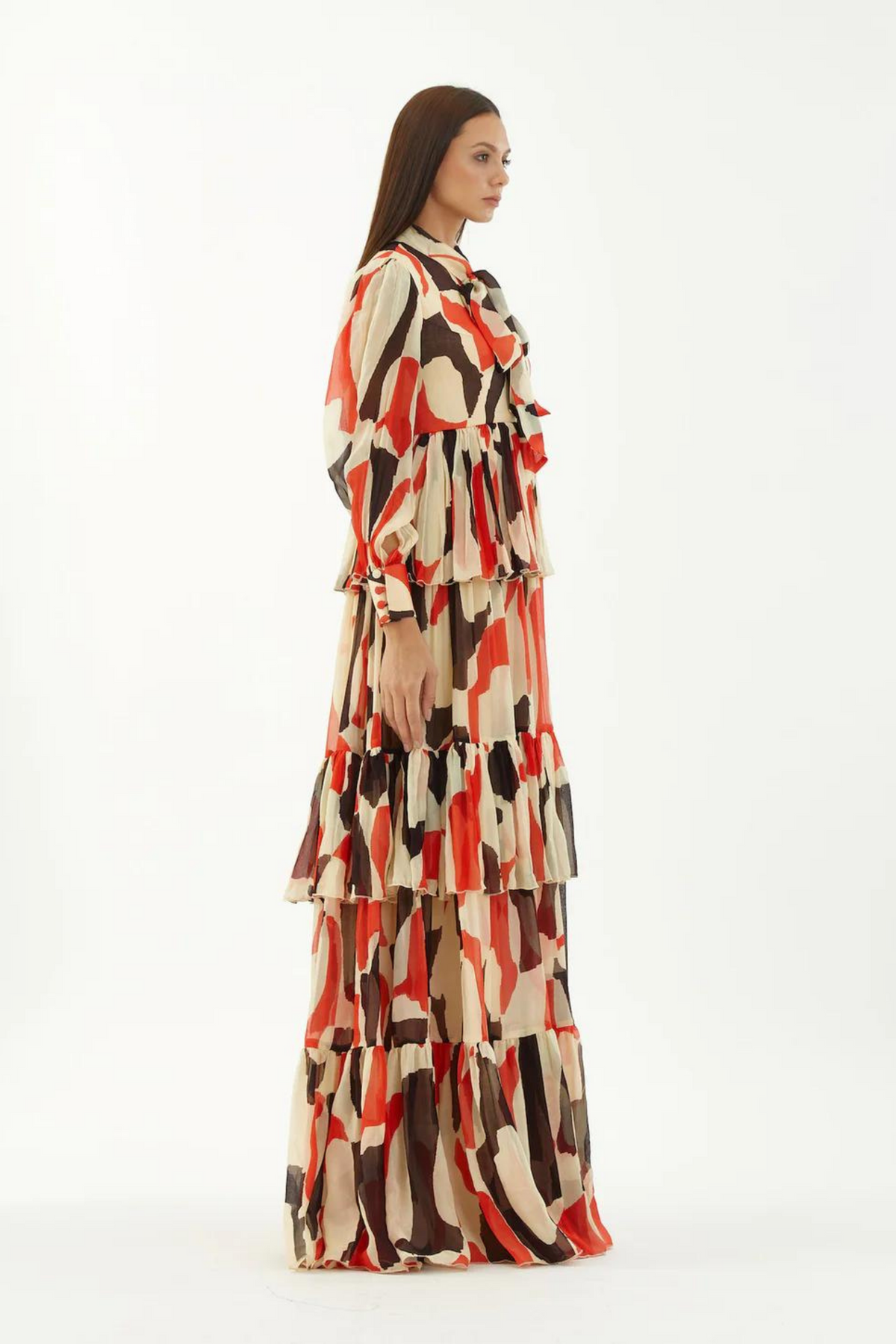 Offwhite, Red And Black Abstract Frill Dress