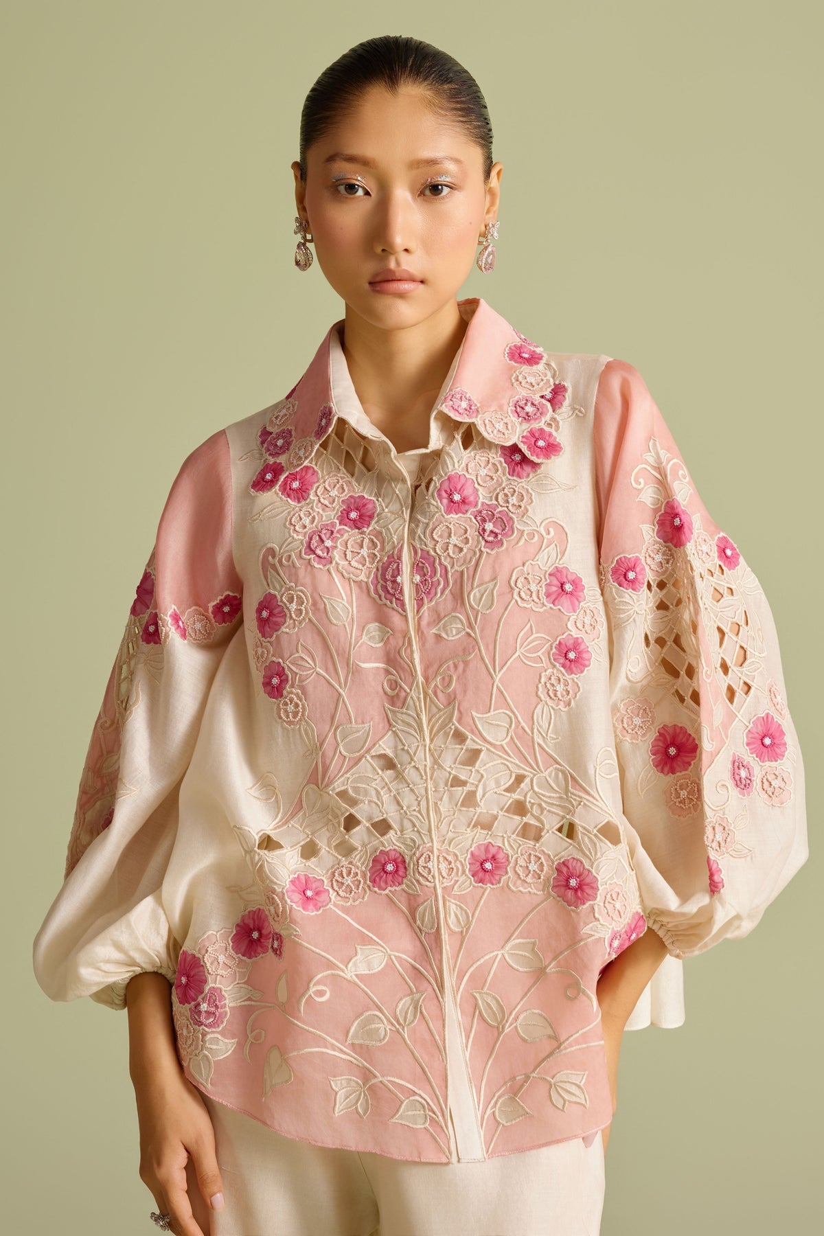 Pinkish Ivory Panelled  Applique Shirt