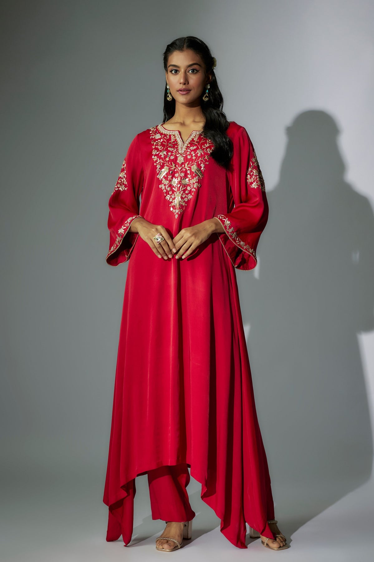 Cherry Red Embroidered Tunic Set