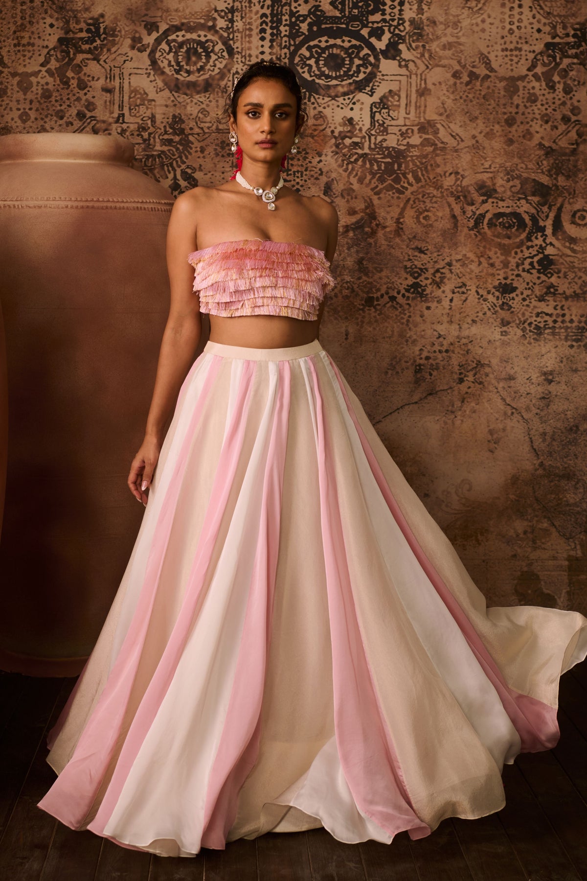 Pink Embroidered Top With Multiple Coloured Skirt