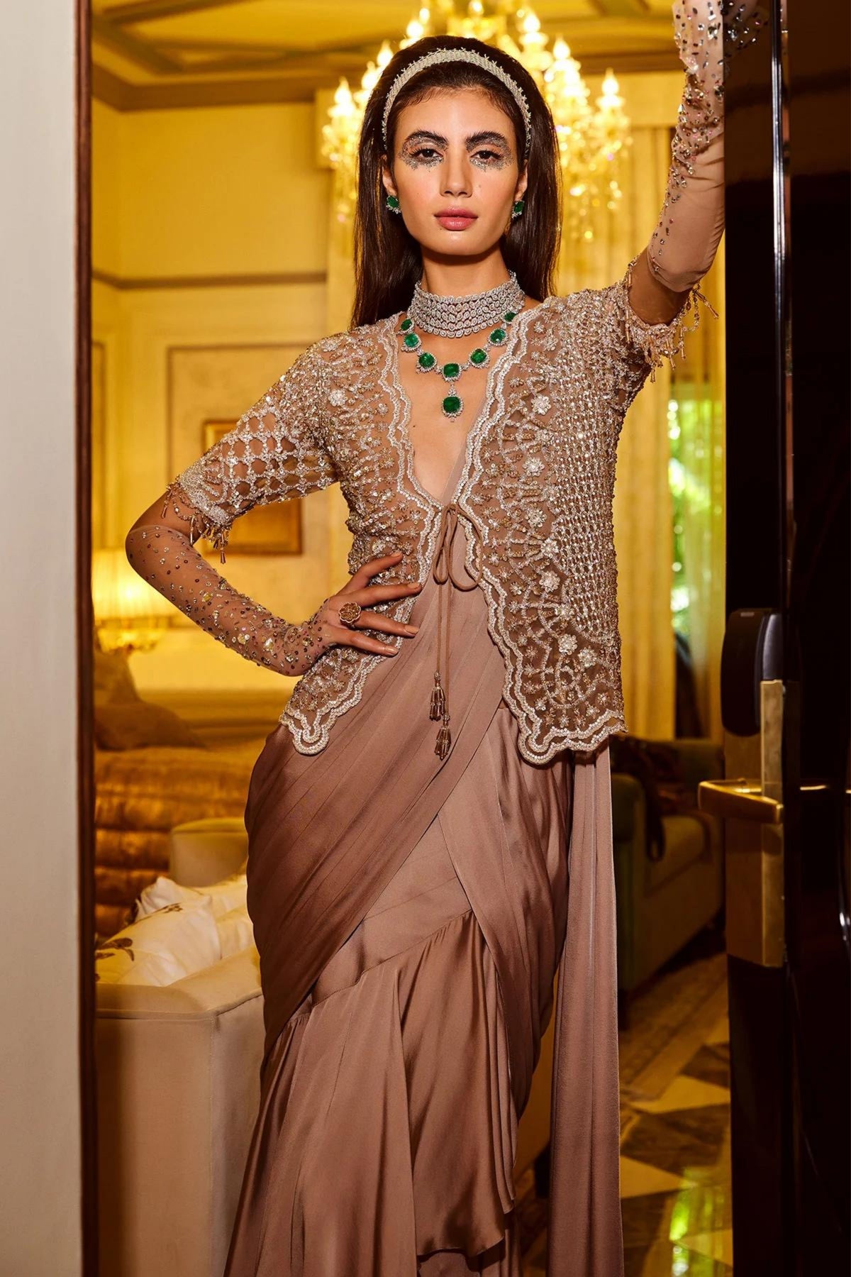 Embroidered Jacket With Draped Saree