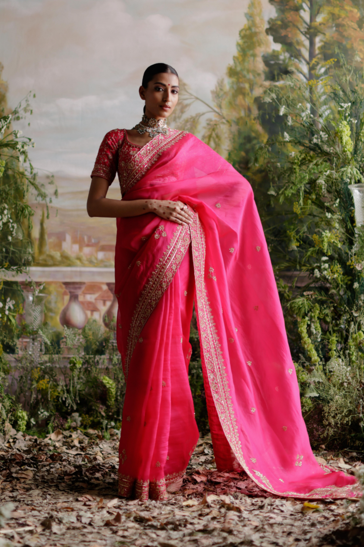 Hot Pink Organza Saree Set