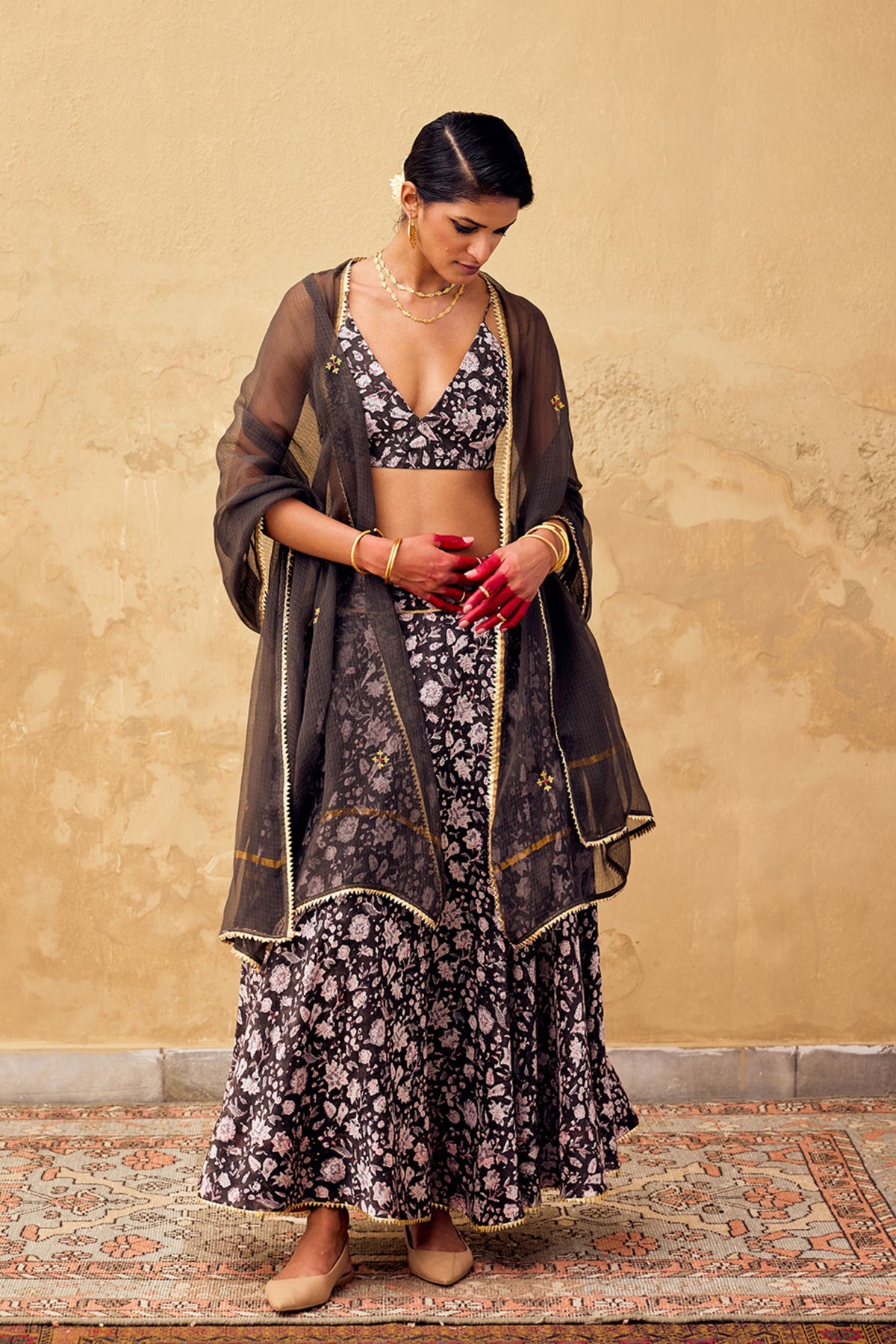 Damak Sharara Set in Charcoal