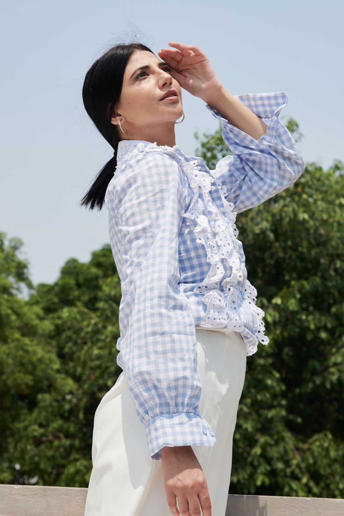 Blue Broderie Checkered Shirt