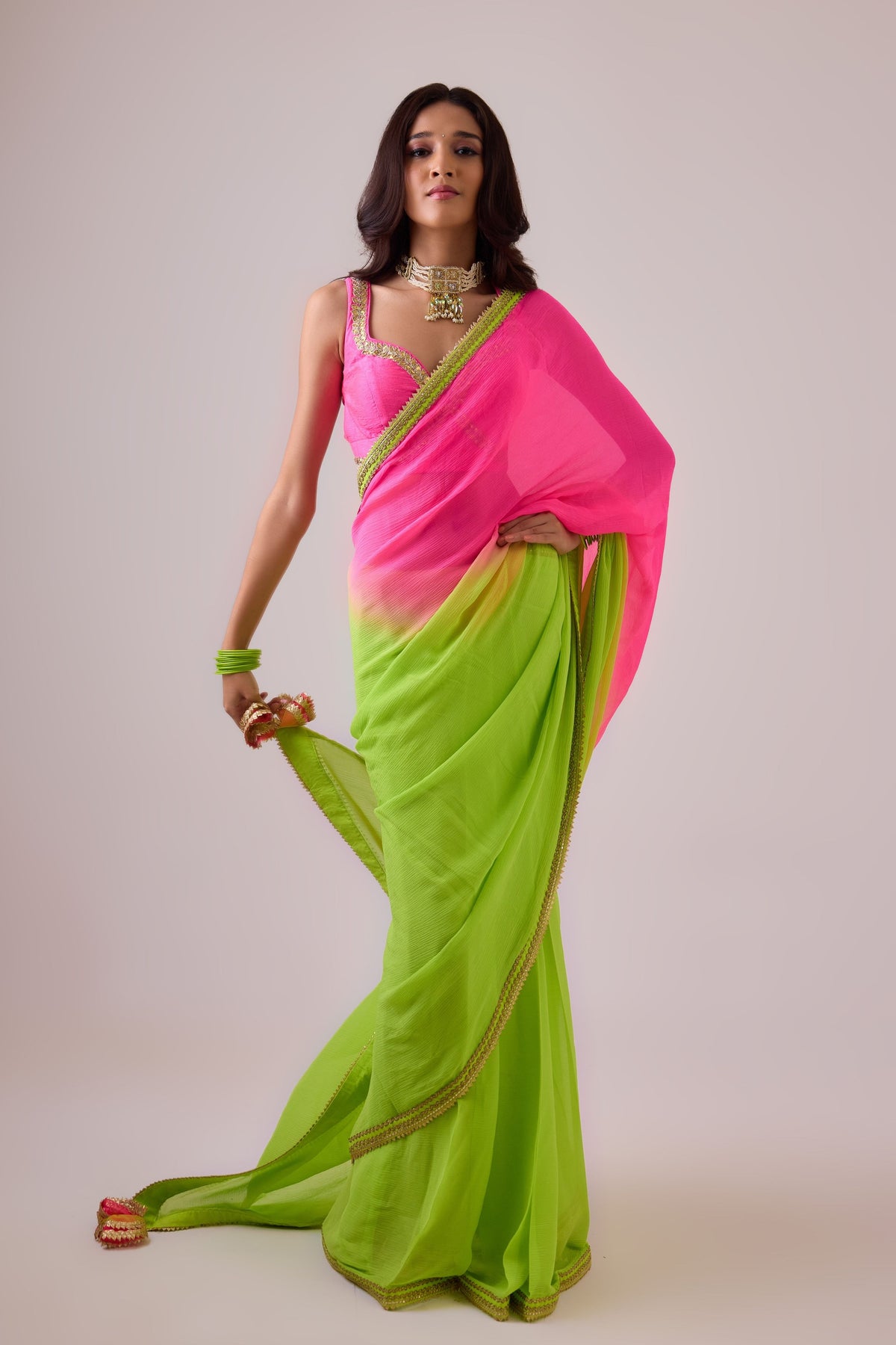 Totiya Lime Ombre Saree Set