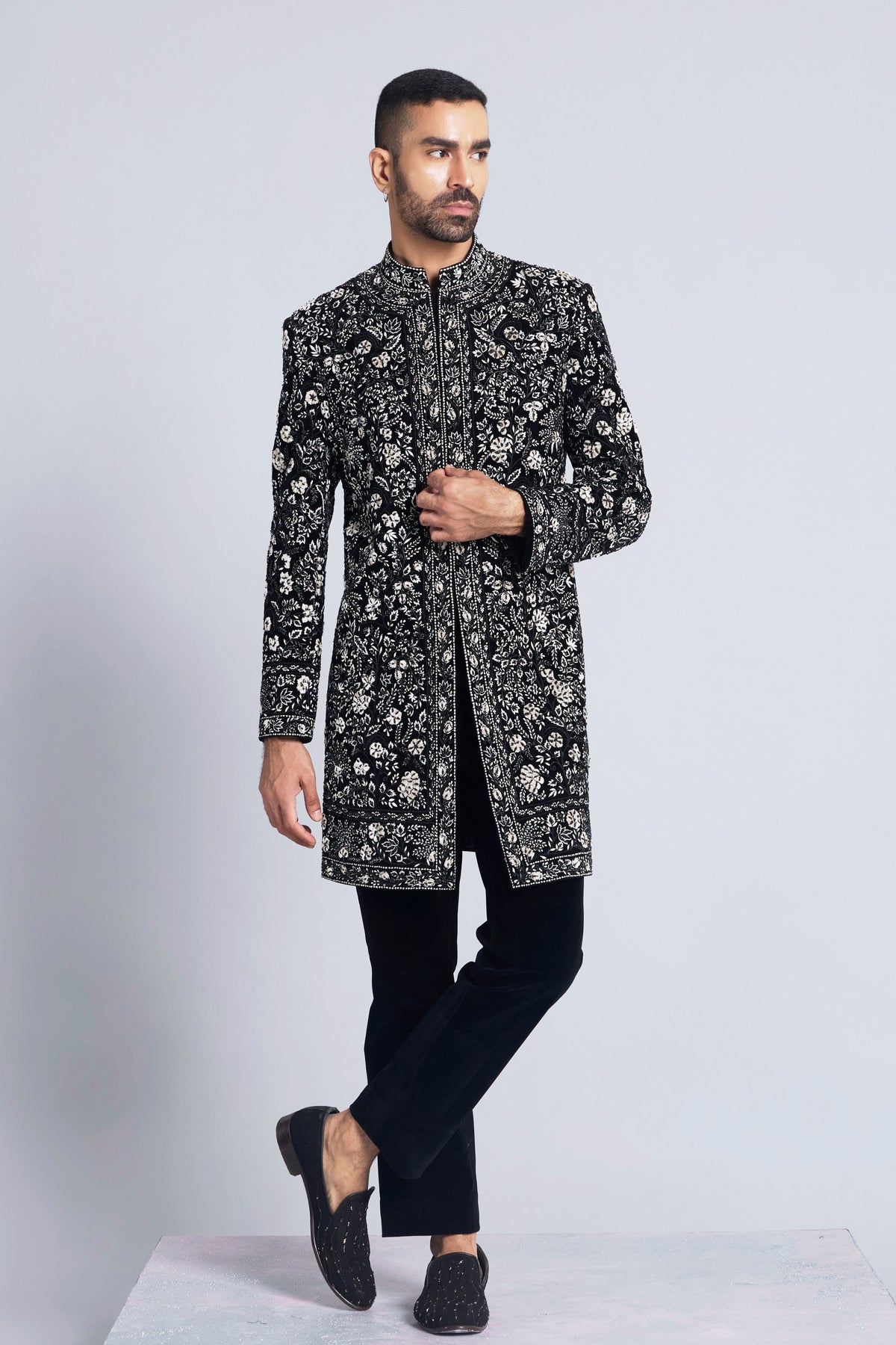 Black Velvet Indo Western Sherwani Set