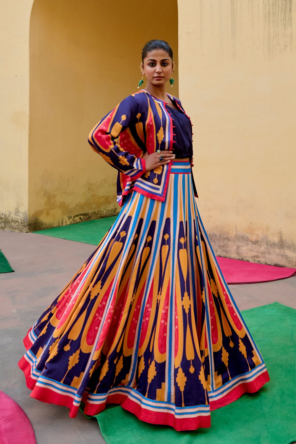 Blue Yellow Kilim Lehenga Set