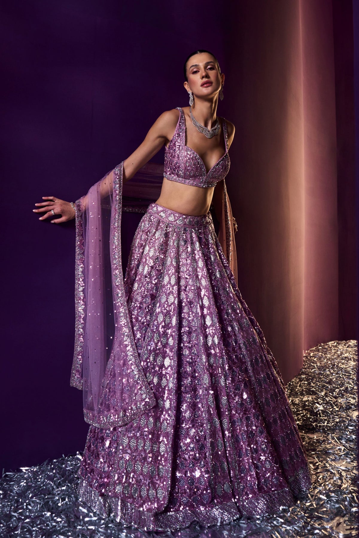 Periwinkle Organza Crystals Lehenga Set