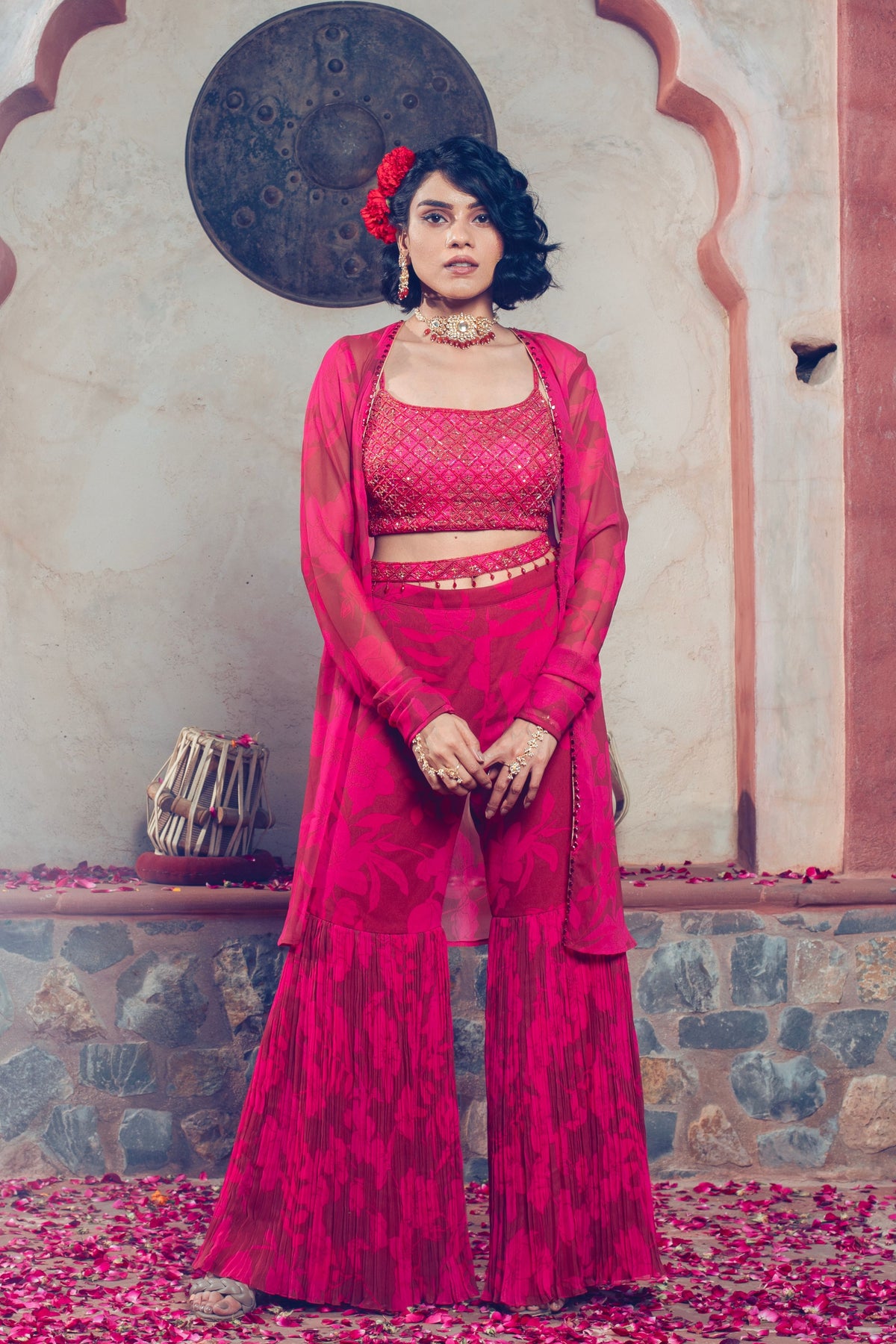 Maroon Embroidered and Printed Garara Set