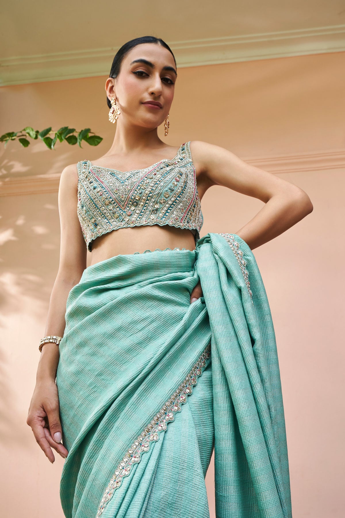 Teal Jacket And Saree Set