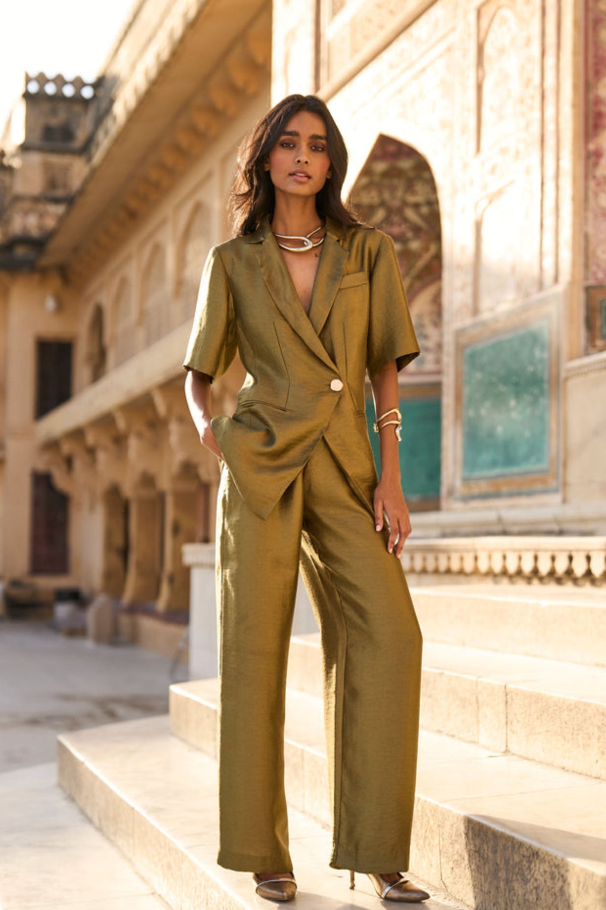 Olive Brocade Pant Suit