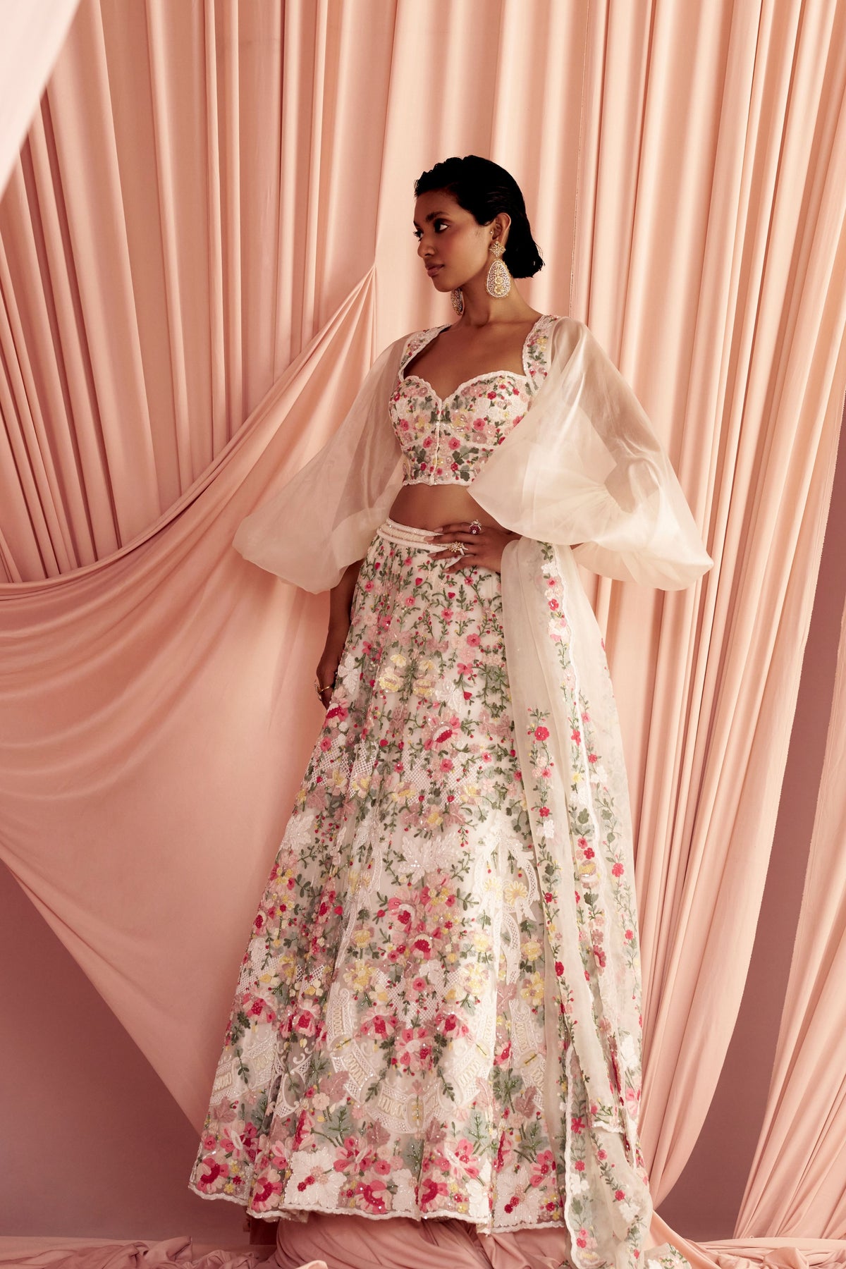 Meara Lehenga With Sheer-sleeve Blouse