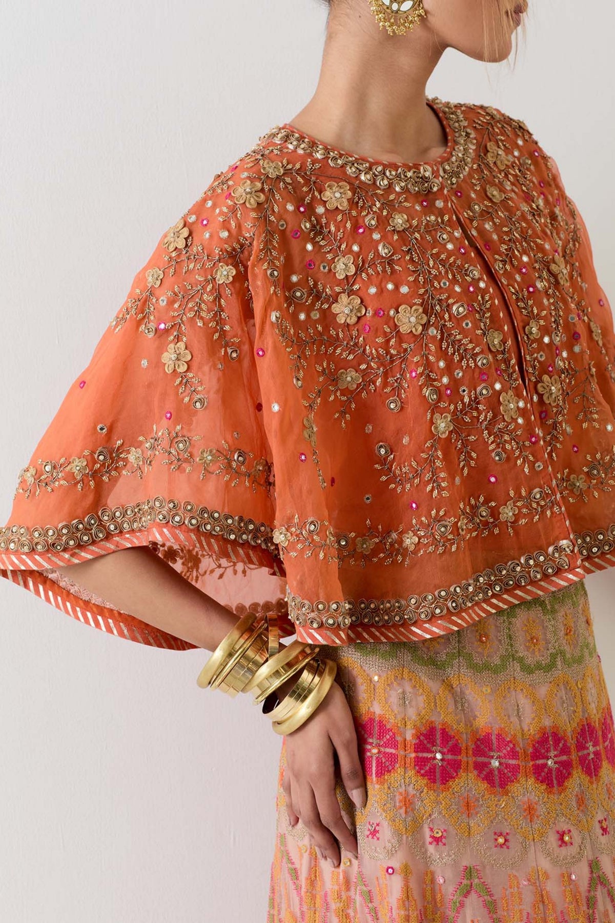 Orange Cape With Skirt Set