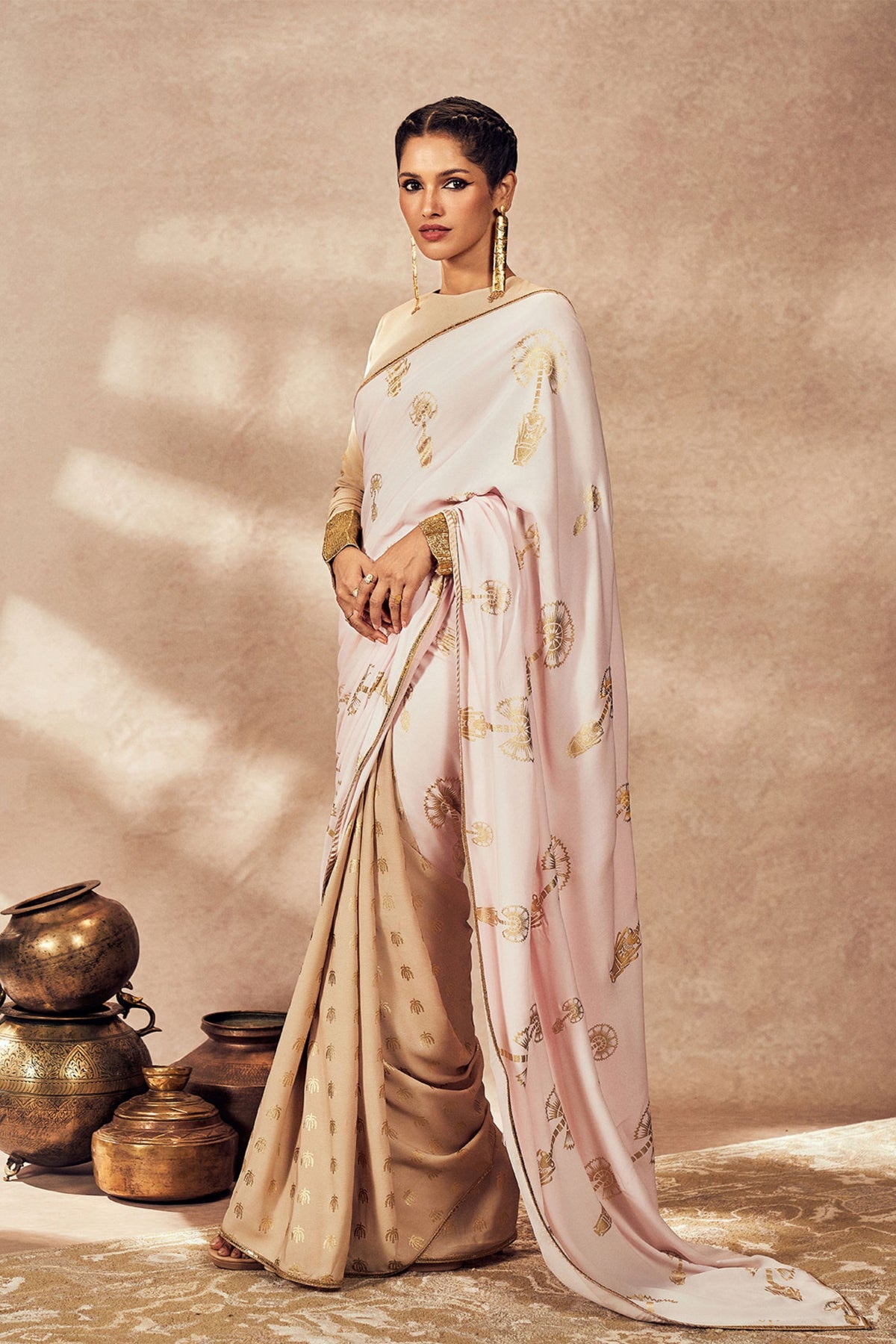 Beige and Pink Traveler&#39;s Palm Saree