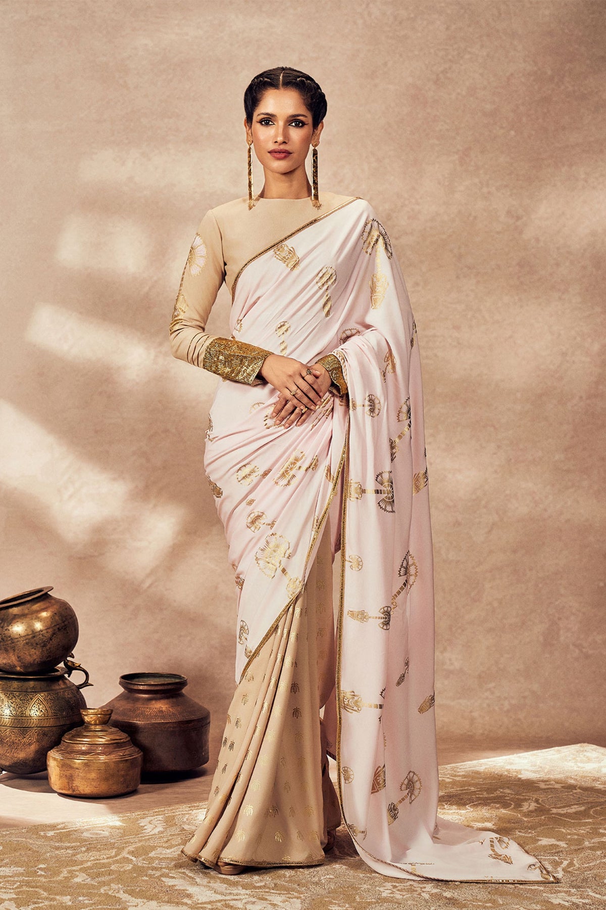 Beige and Pink Traveler&#39;s Palm Saree