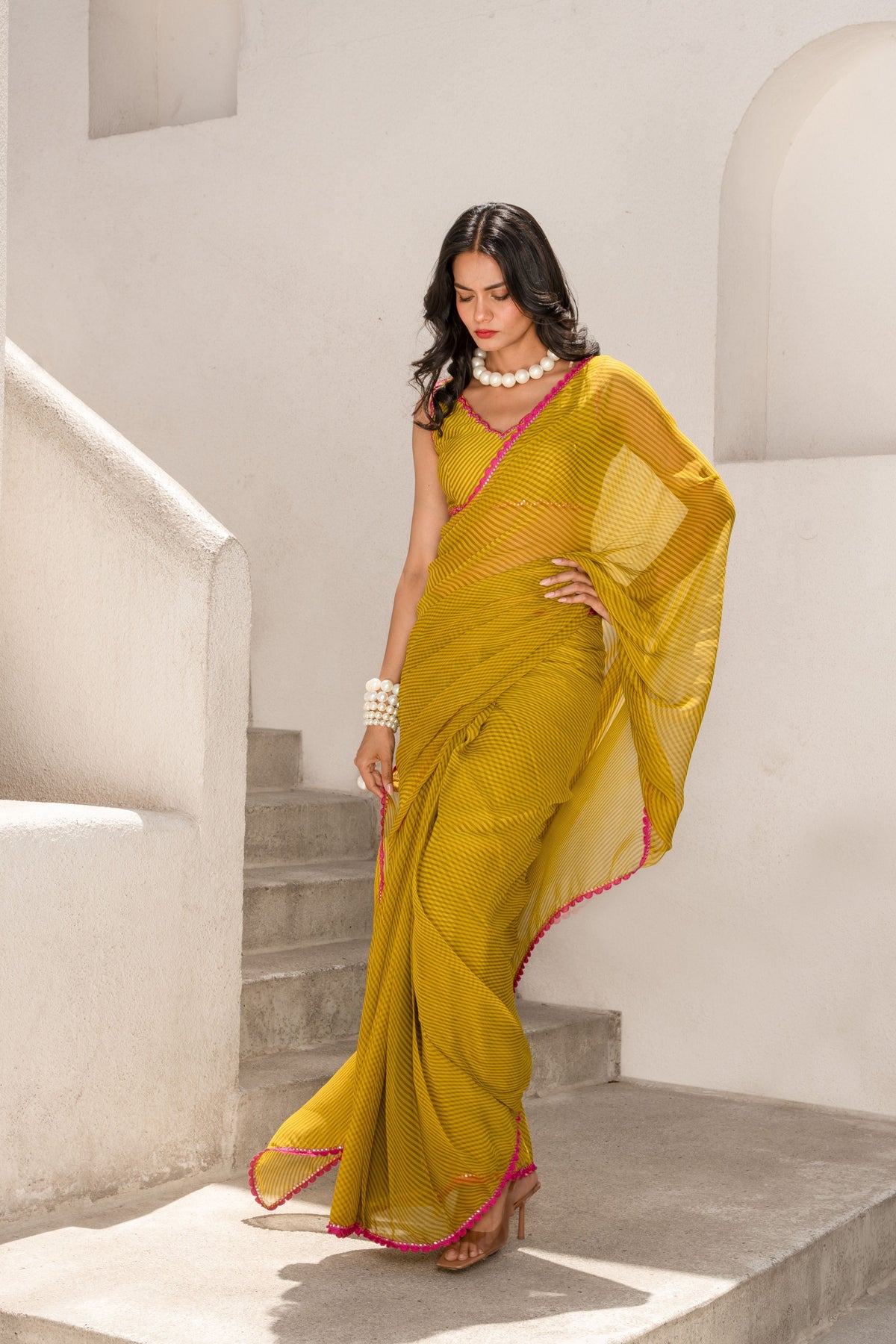 Olive Stripe Saree Set