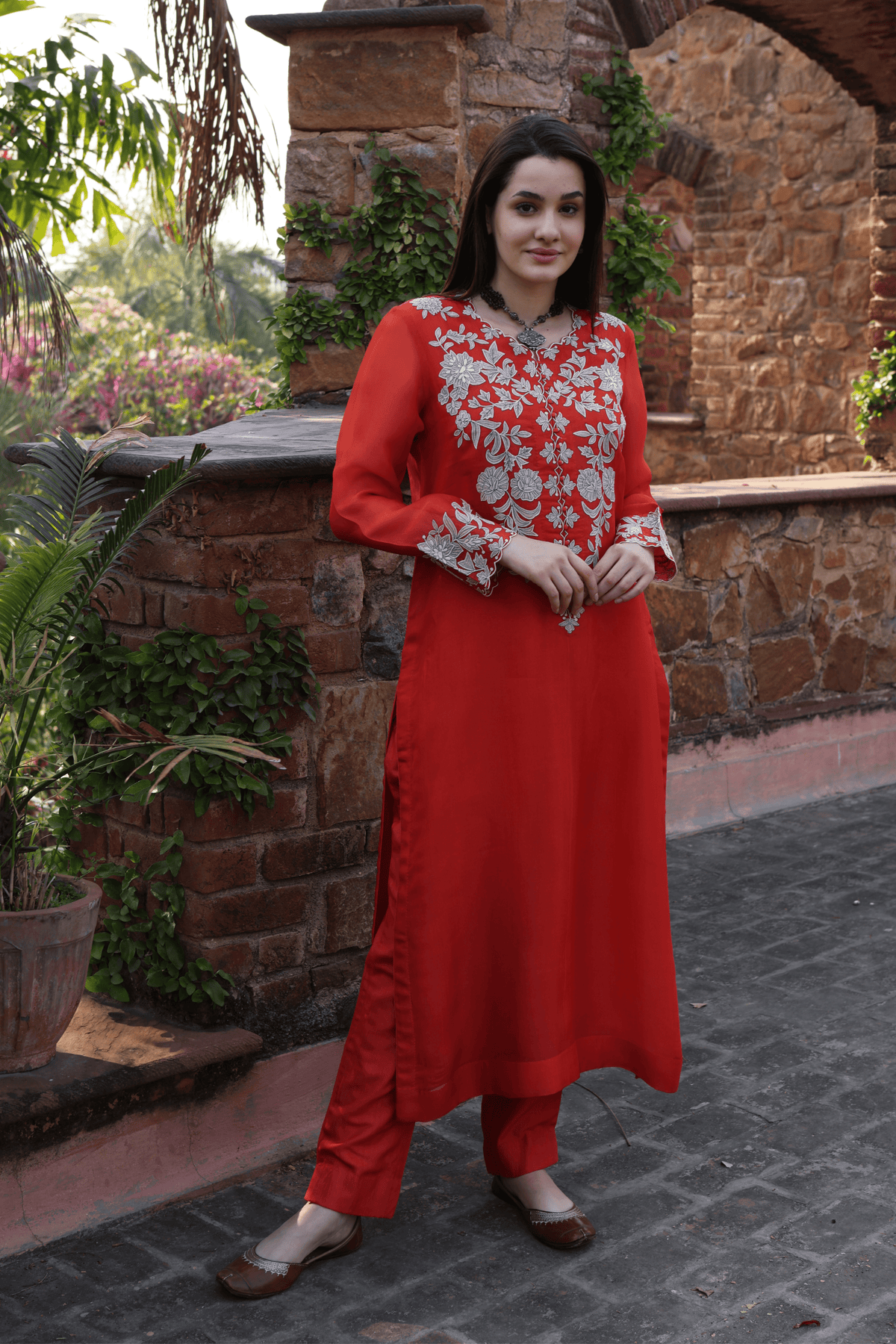 Dusty Lime Applique Kurta And Pant