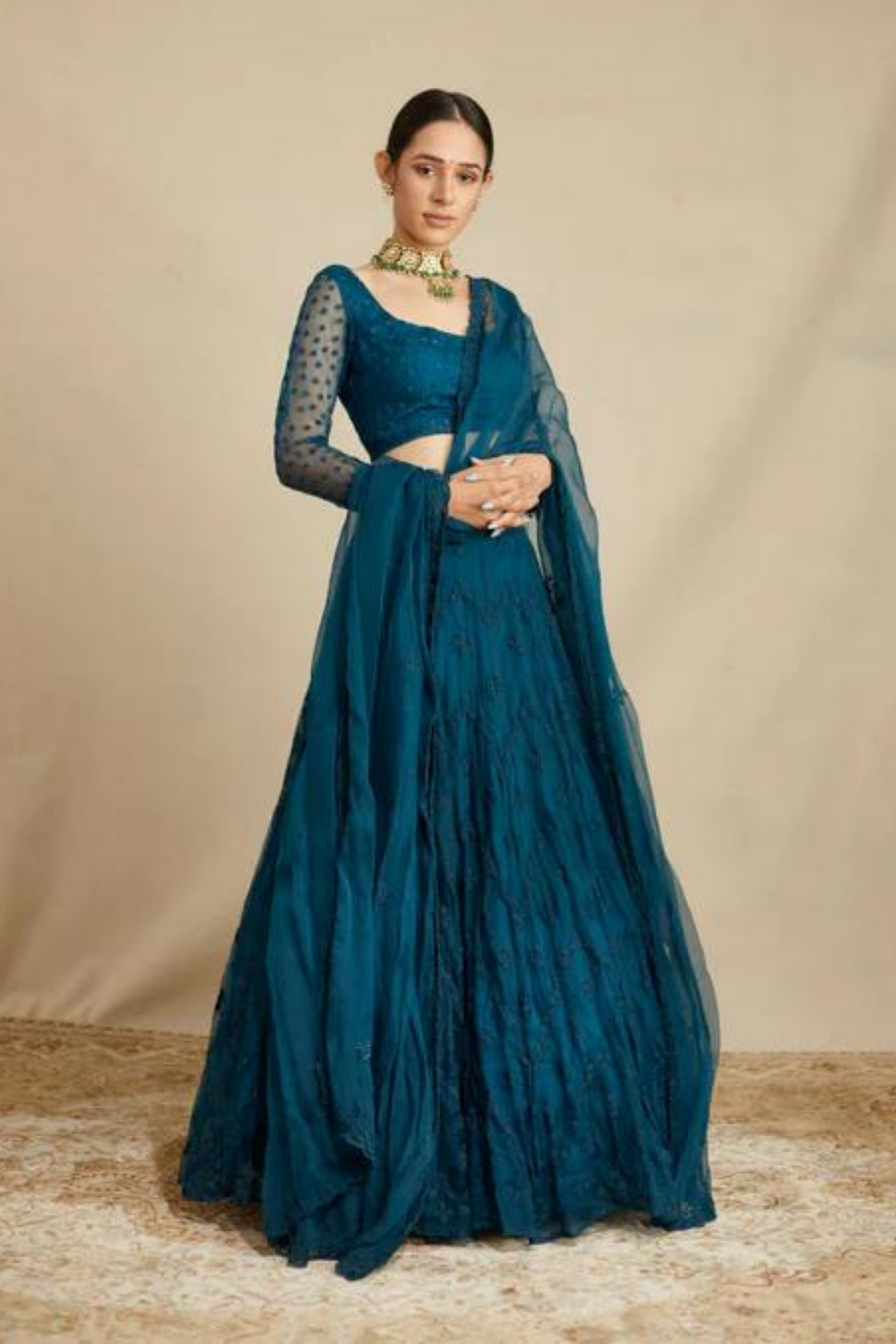 Teal Blue Thread Work Lehenga Set