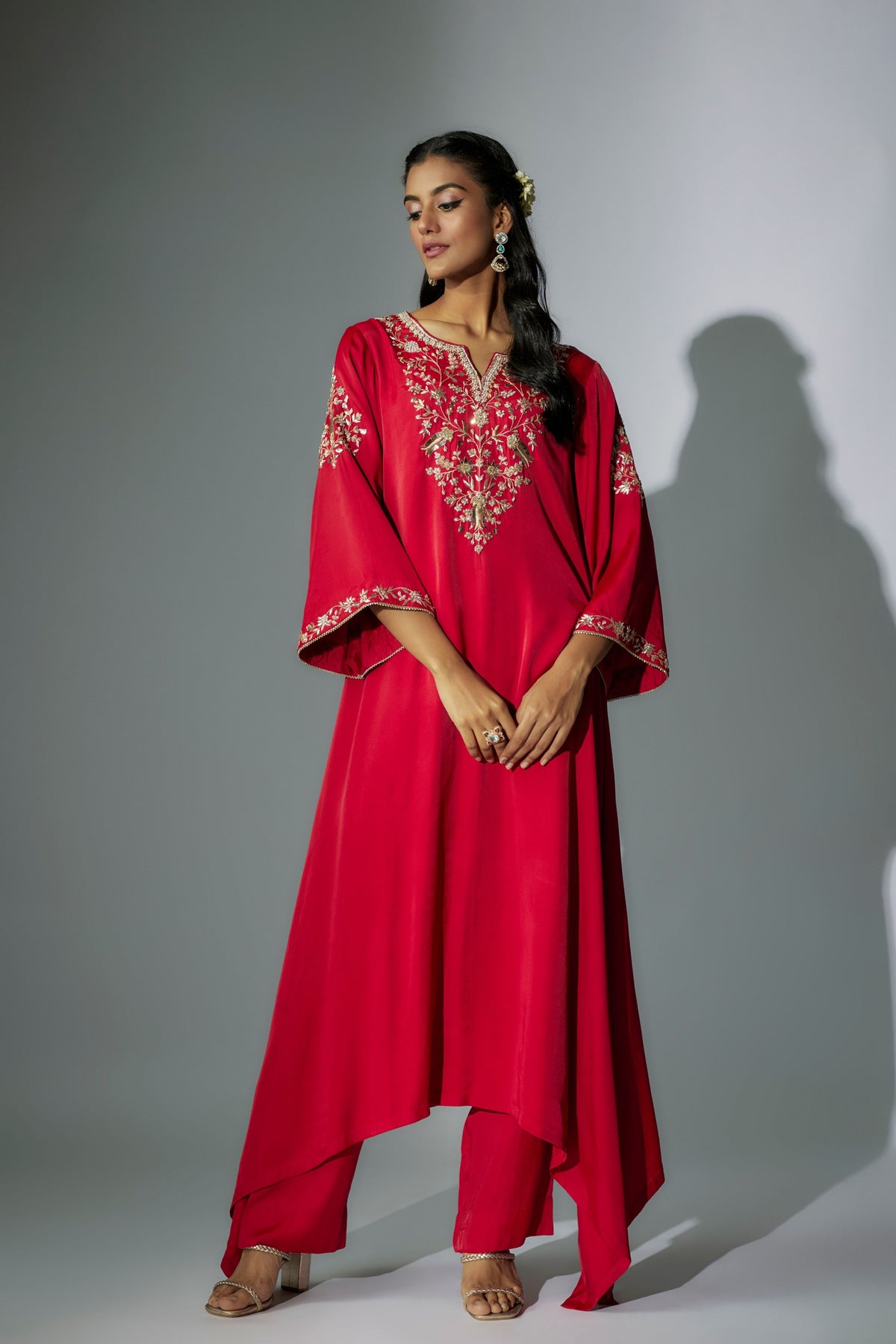 Cherry Red Embroidered Tunic Set