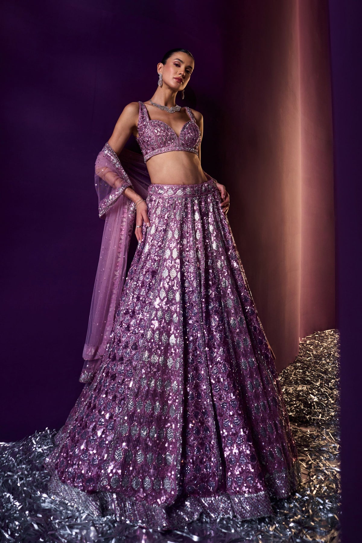 Periwinkle Organza Crystals Lehenga Set