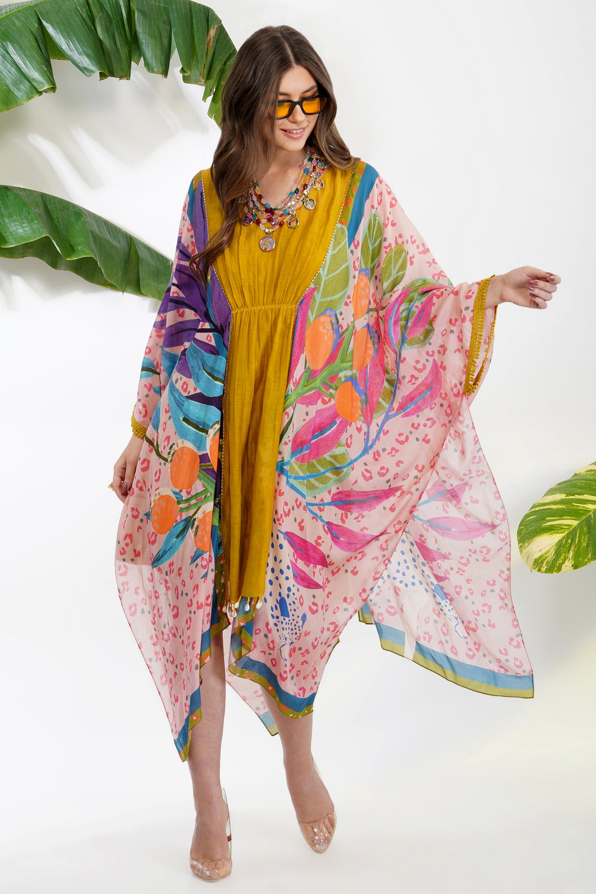 Tropical Leaf Print Yellow Kaftan