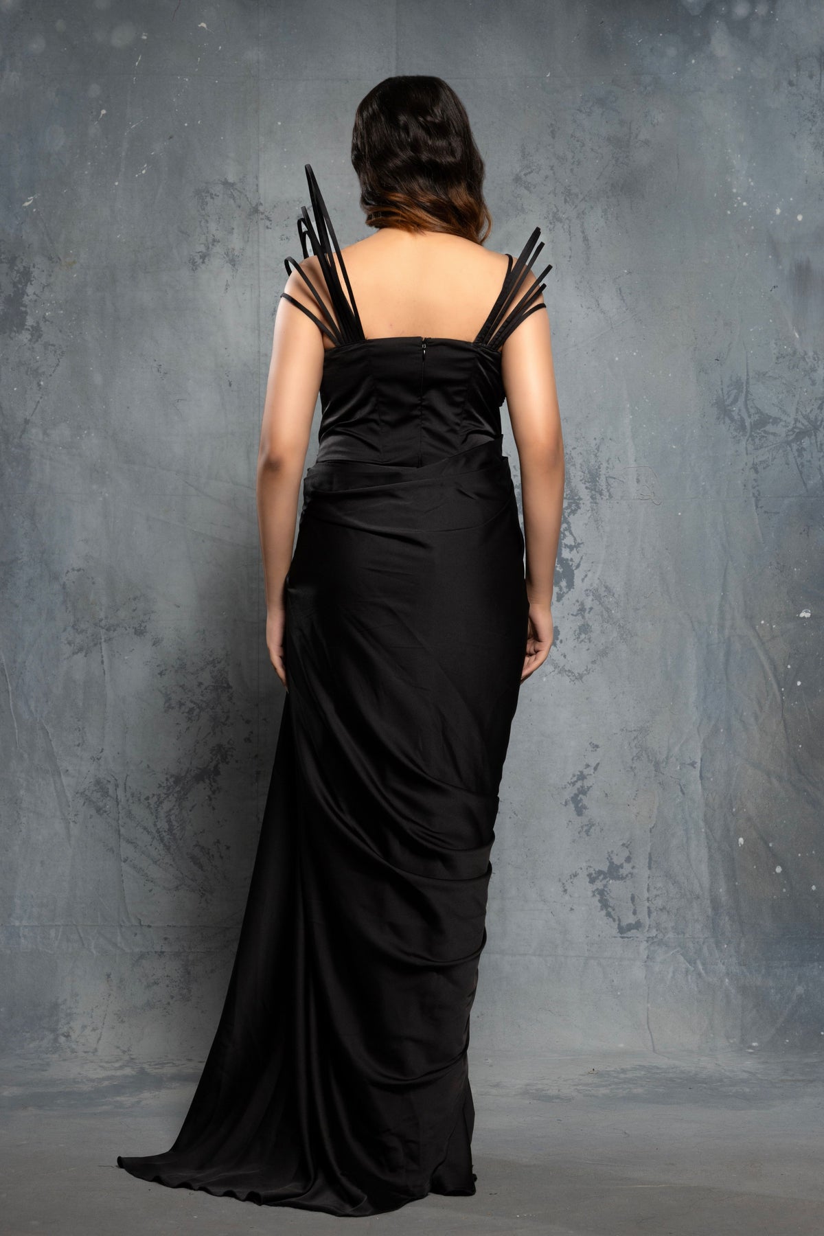 Black Charmuse Embellished Saree Gown