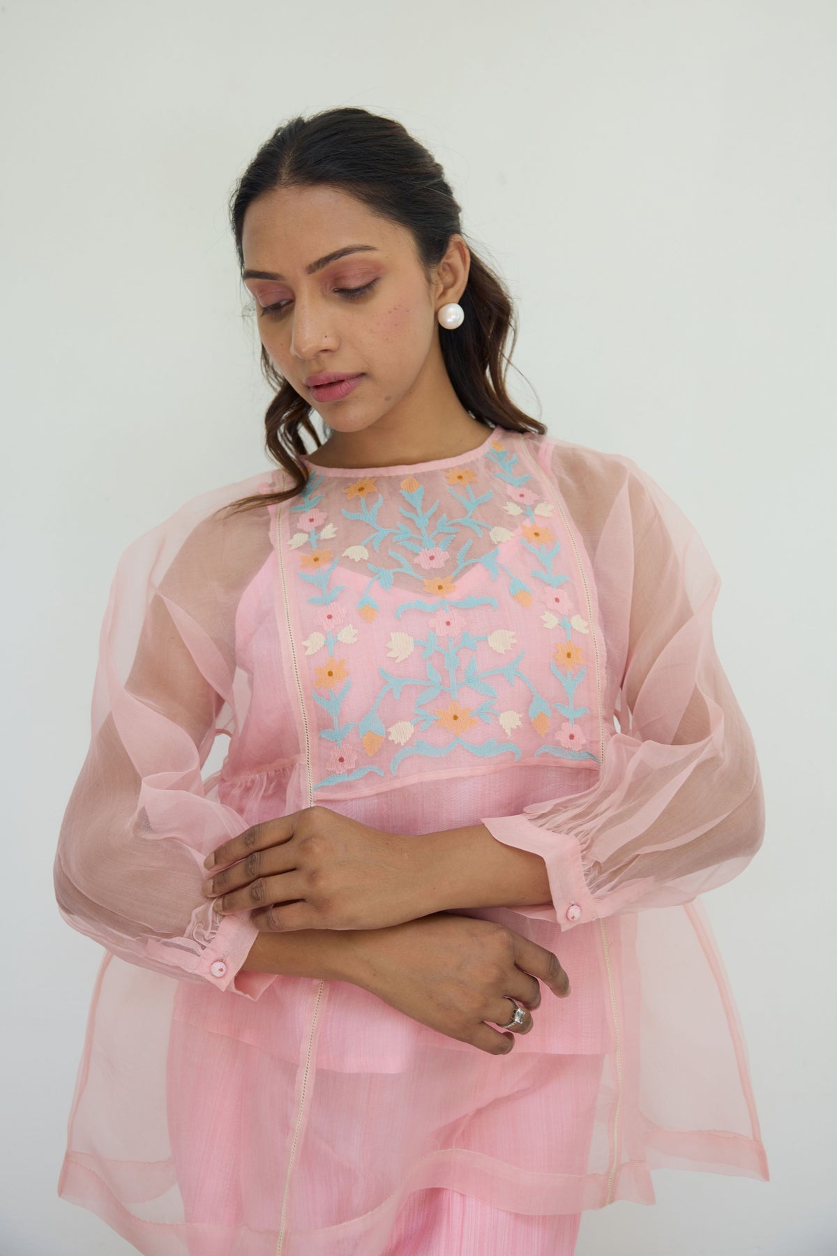 Embroidered Pink Silk Organza Top