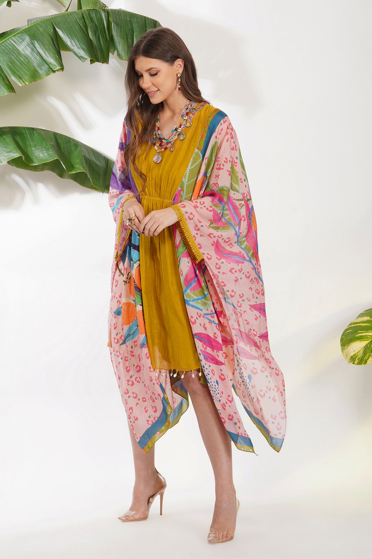 Tropical Leaf Print Yellow Kaftan