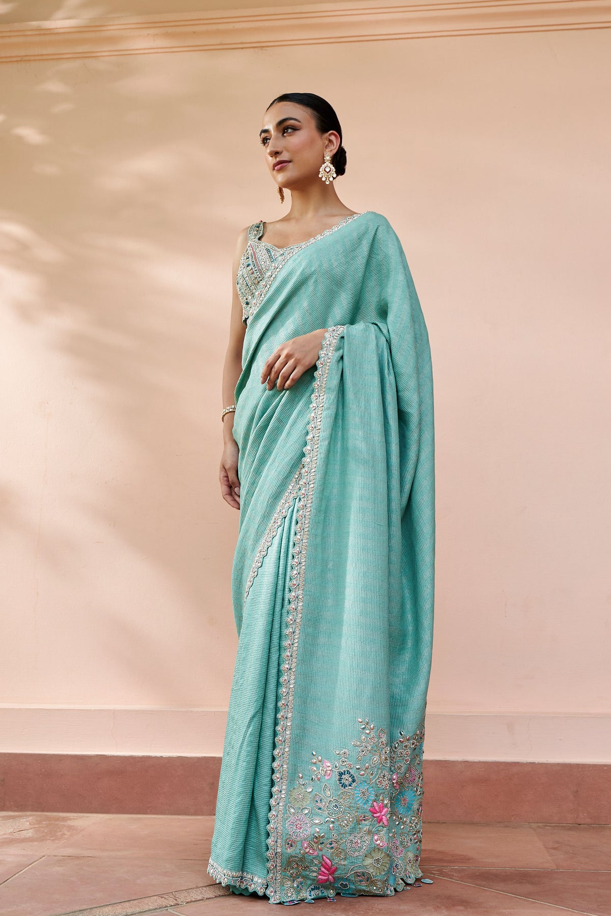 Teal Jacket And Saree Set