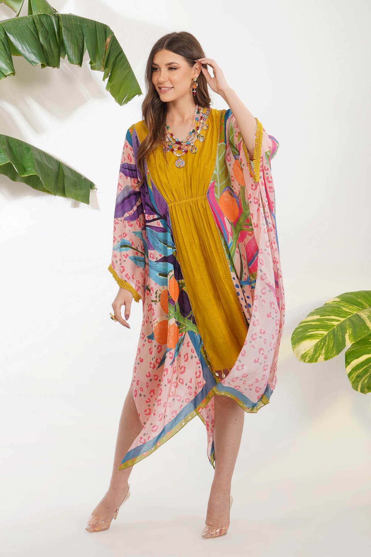 Tropical Leaf Print Yellow Kaftan