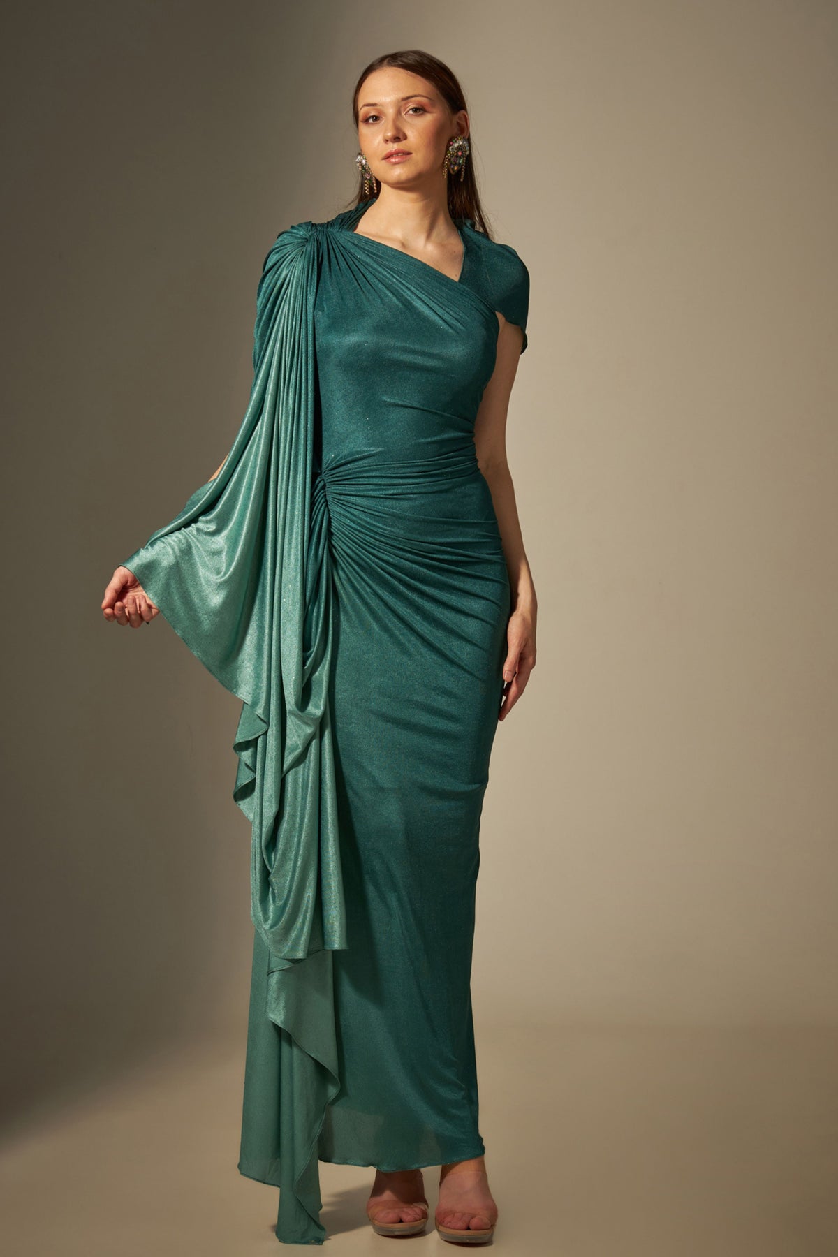 Green Stretch Draped Gown