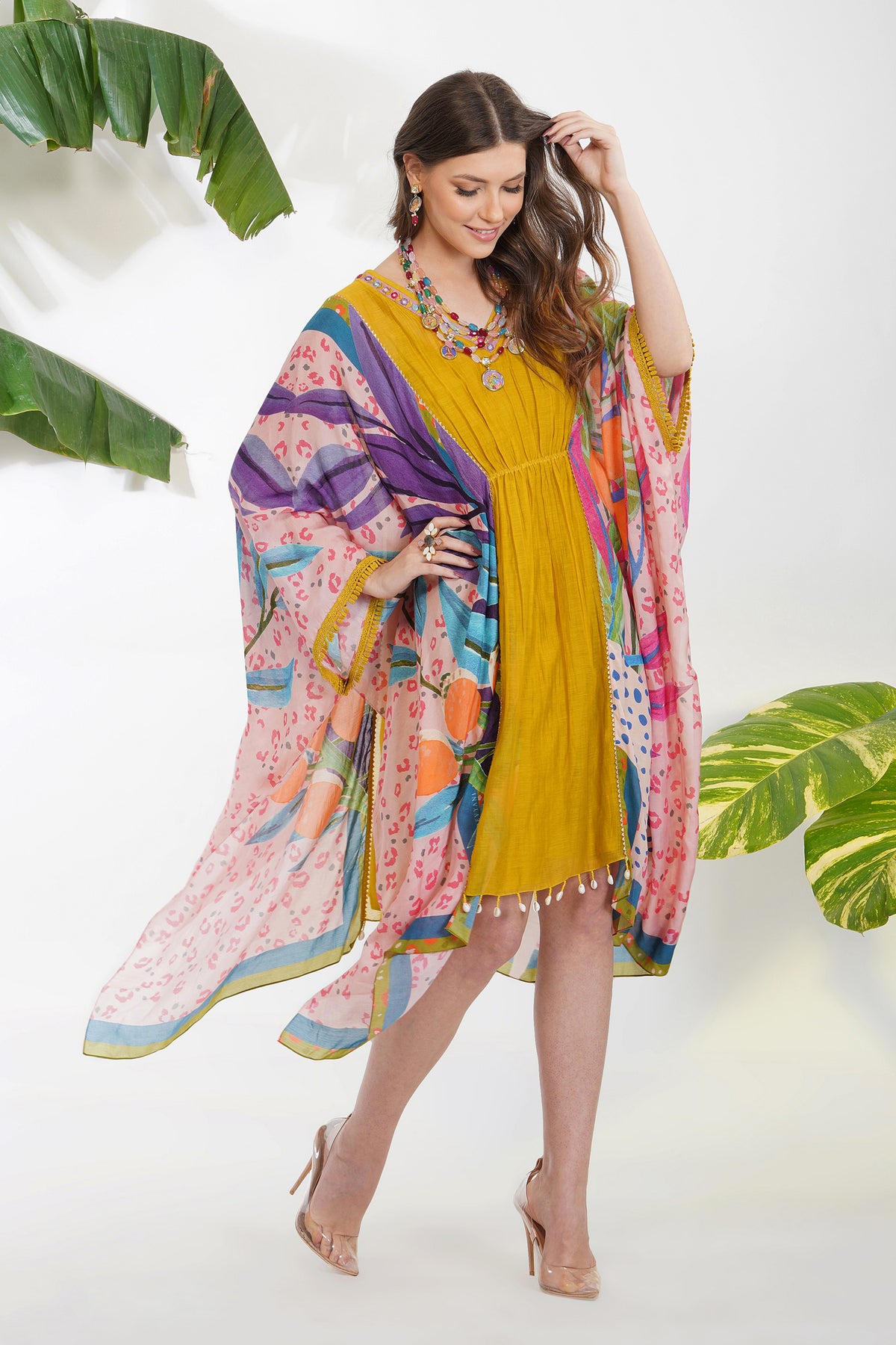 Tropical Leaf Print Yellow Kaftan