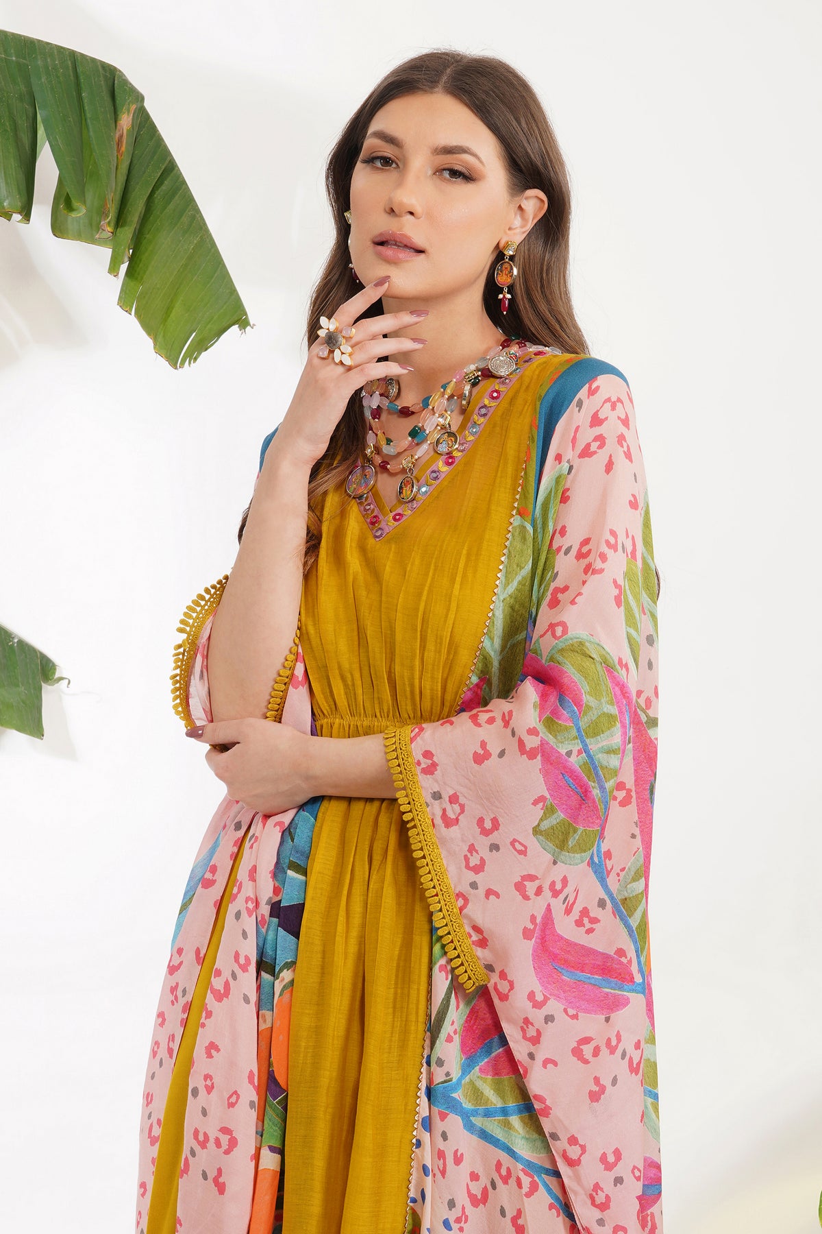 Tropical Leaf Print Yellow Kaftan